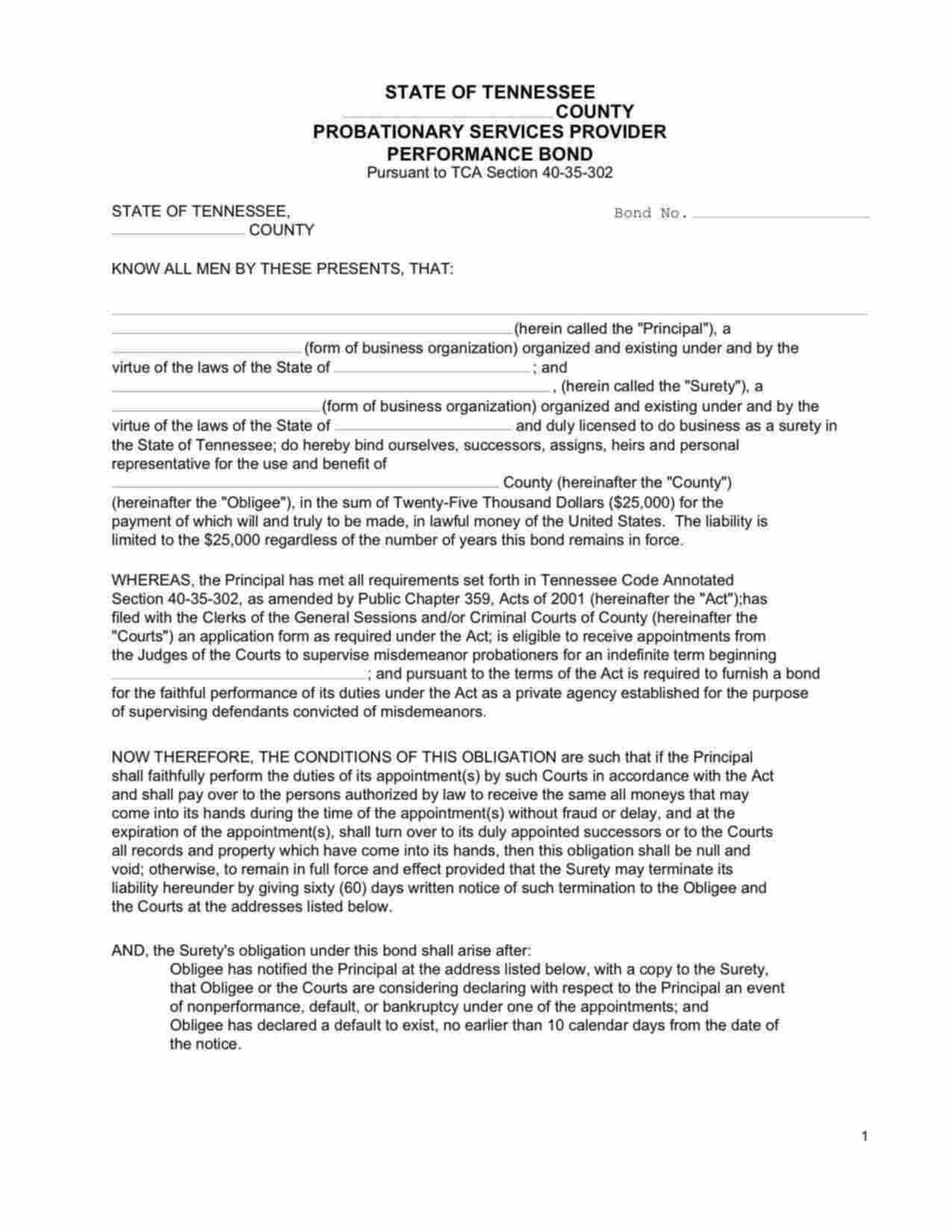 Tennessee Probationary Services Provider Bond Form