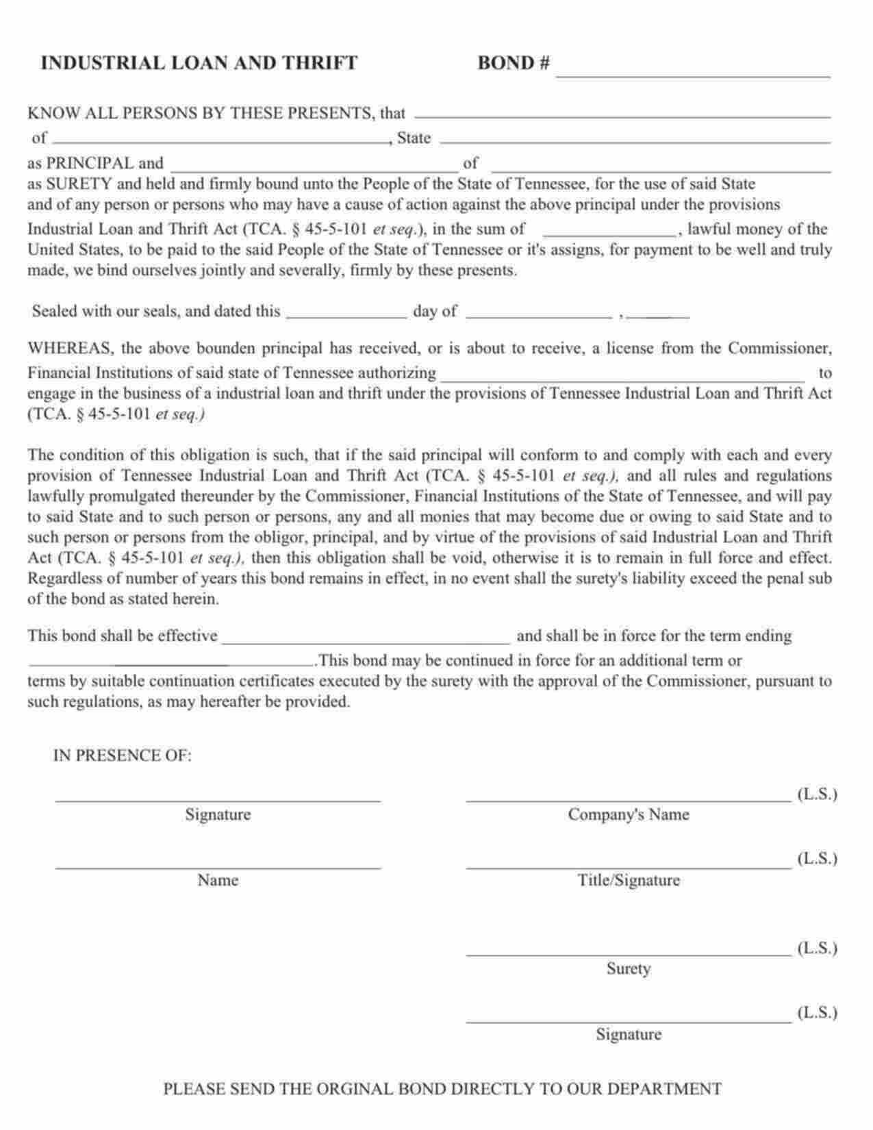 Tennessee Industrial Loan and Thrift Registration Bond Form