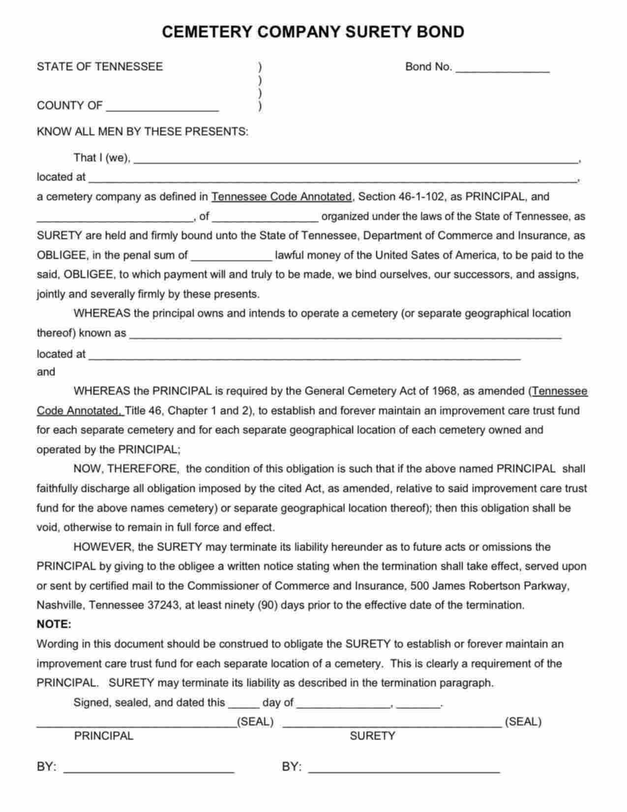 Tennessee Cemetery Company Bond Form