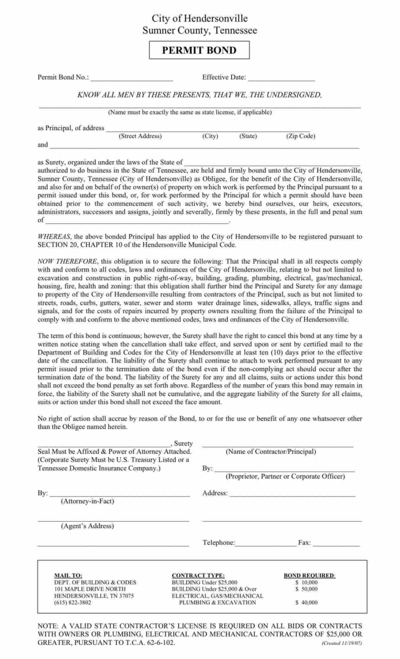 Tennessee Contractor Registration Permit Bond Form