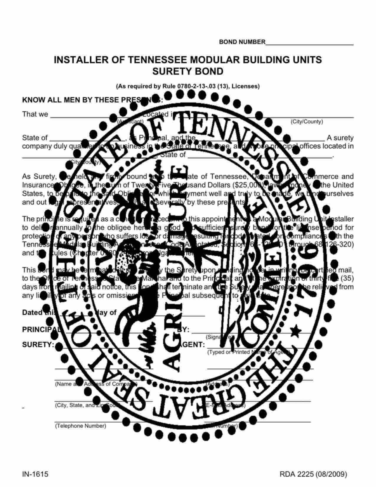 Tennessee Installer of Modular Building Units Bond Form