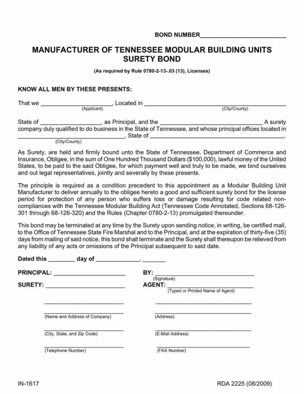 Tennessee Manufacturer of Modular Building Units Bond Form