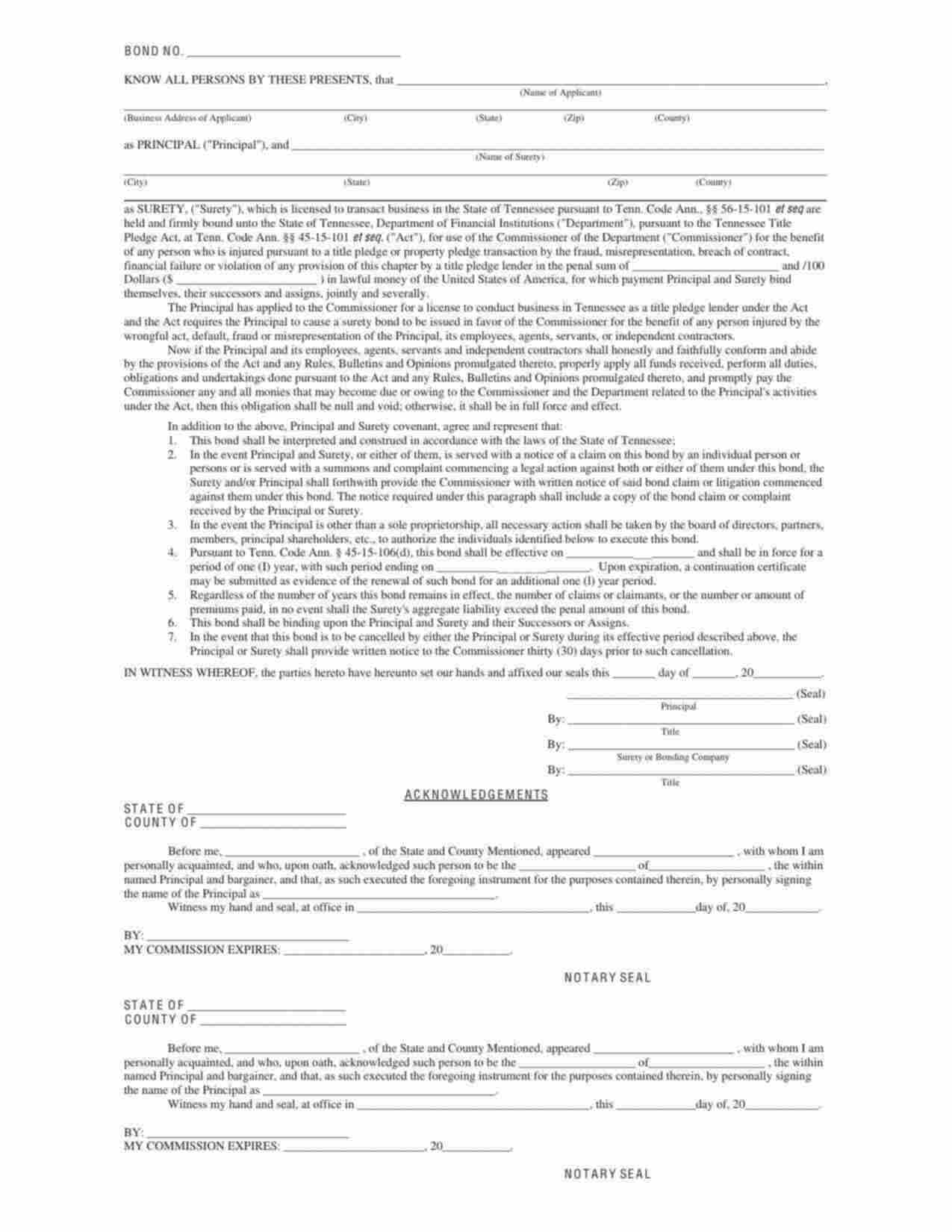 Tennessee Title Pledge Lender License Bond Form