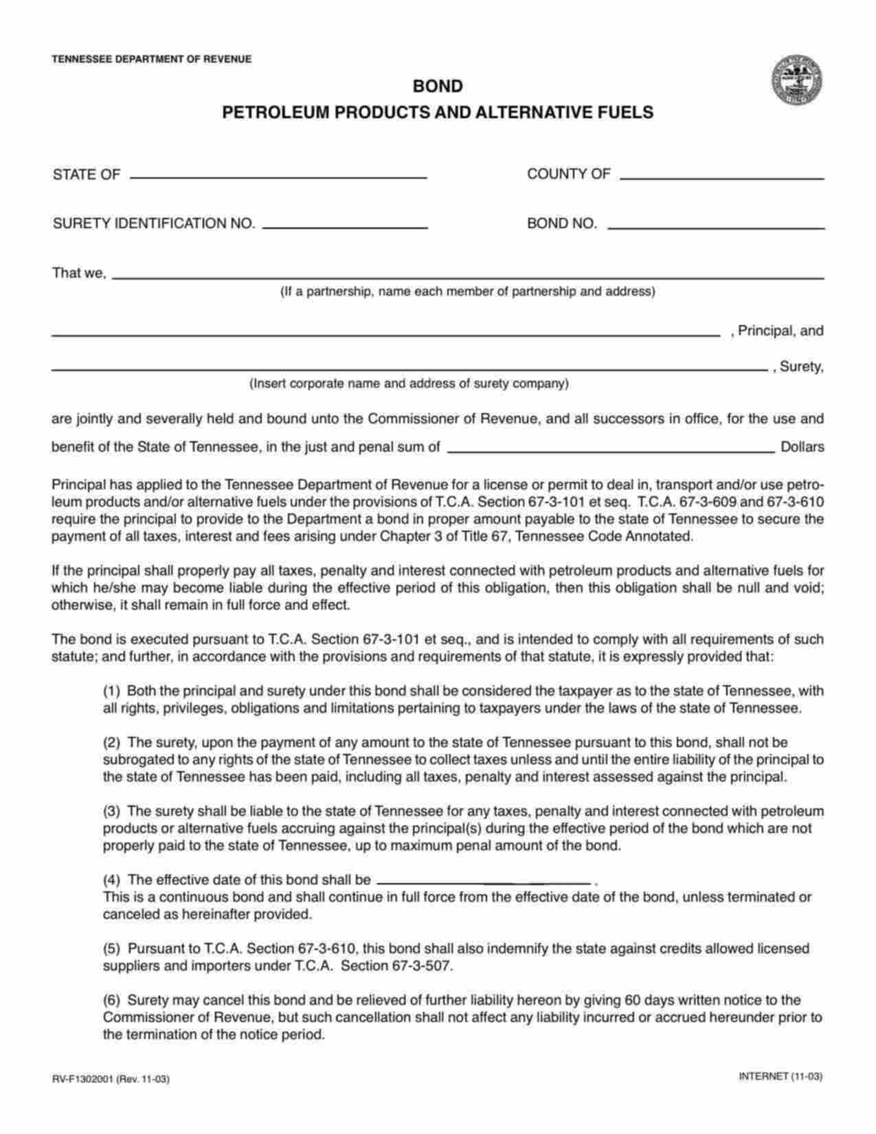 Tennessee Petroleum Products and Alternative Fuels Bond Form