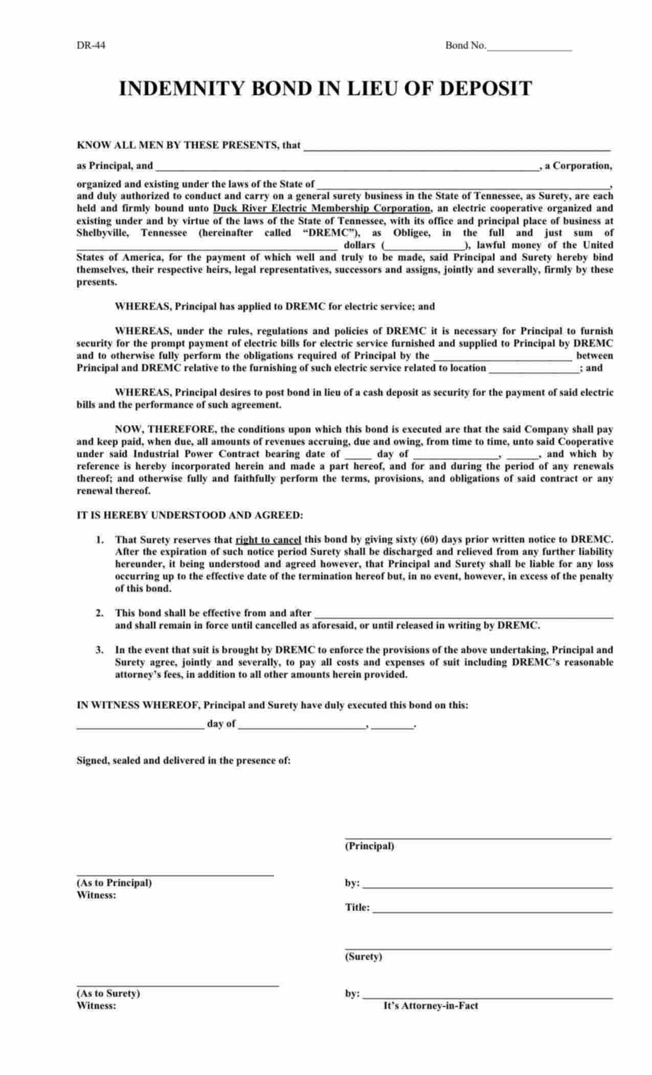 Tennessee Utility Deposit Bond Form