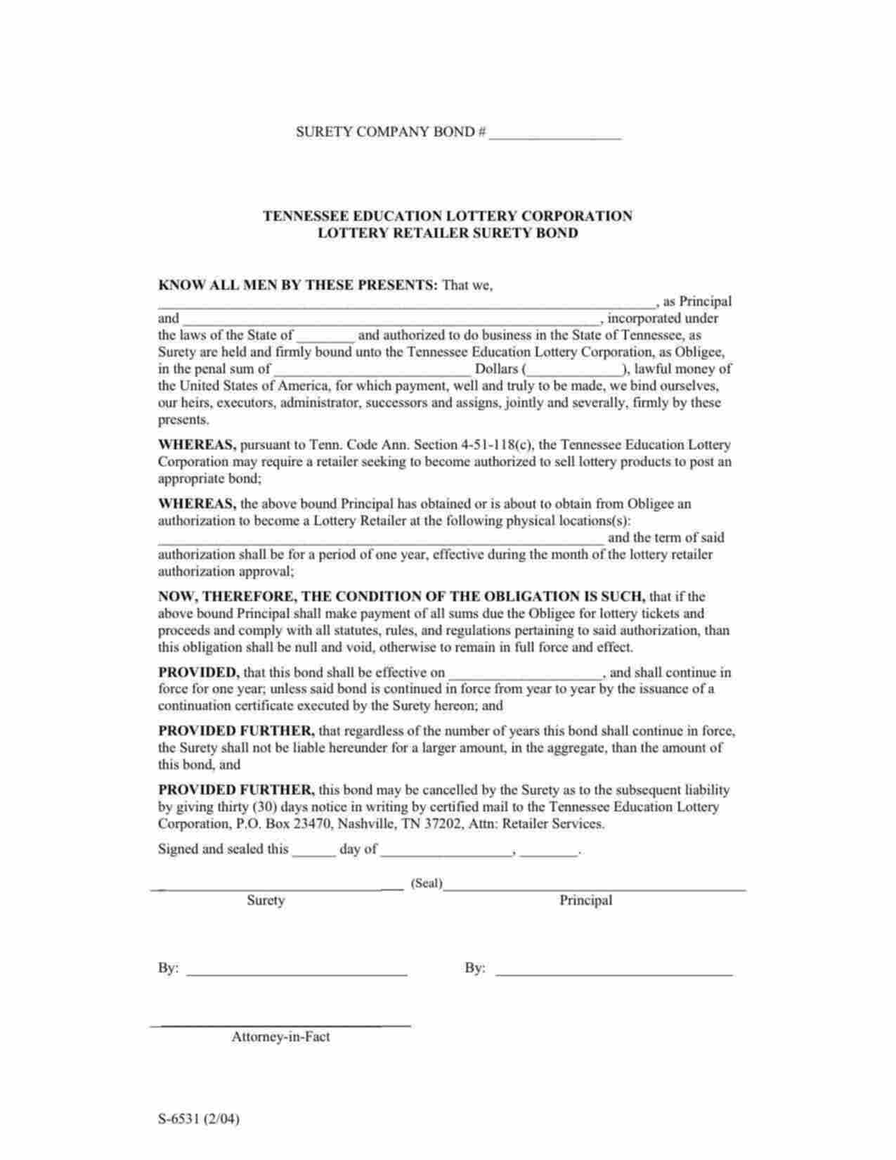 Tennessee Lottery Retailer Bond Form