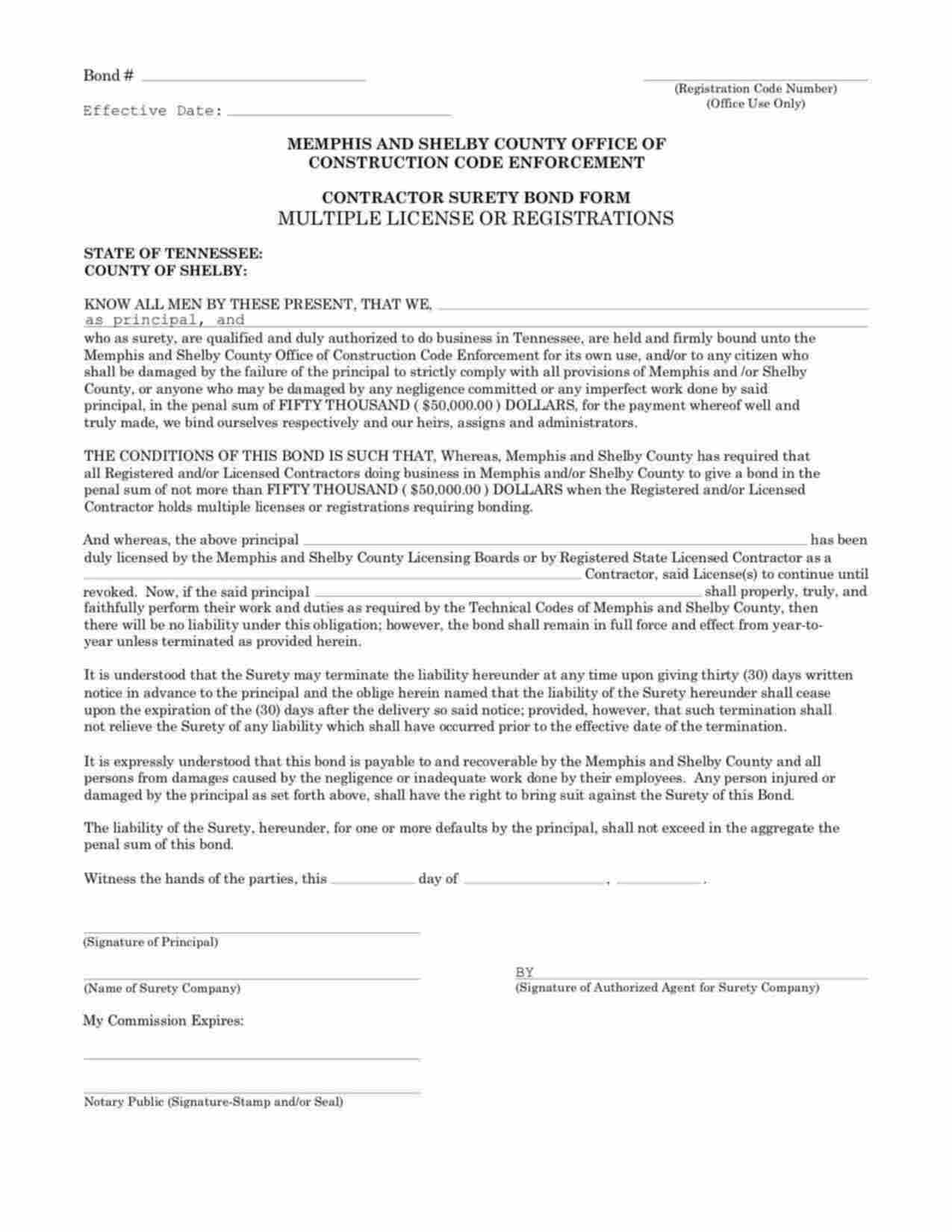 Tennessee Consolidated Contractor - Multiple Licenses or Registrations Bond Form