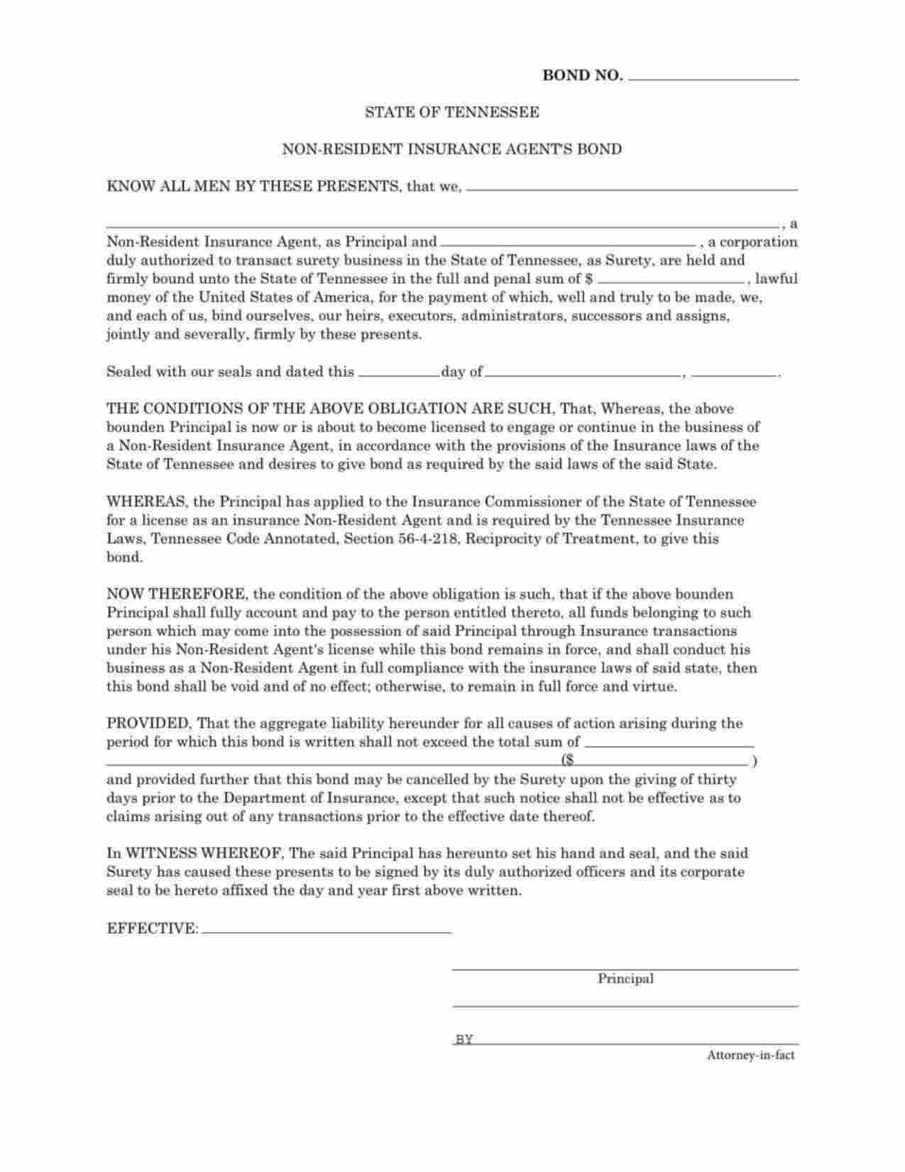 Tennessee Non-Resident Insurance Agent Bond Form