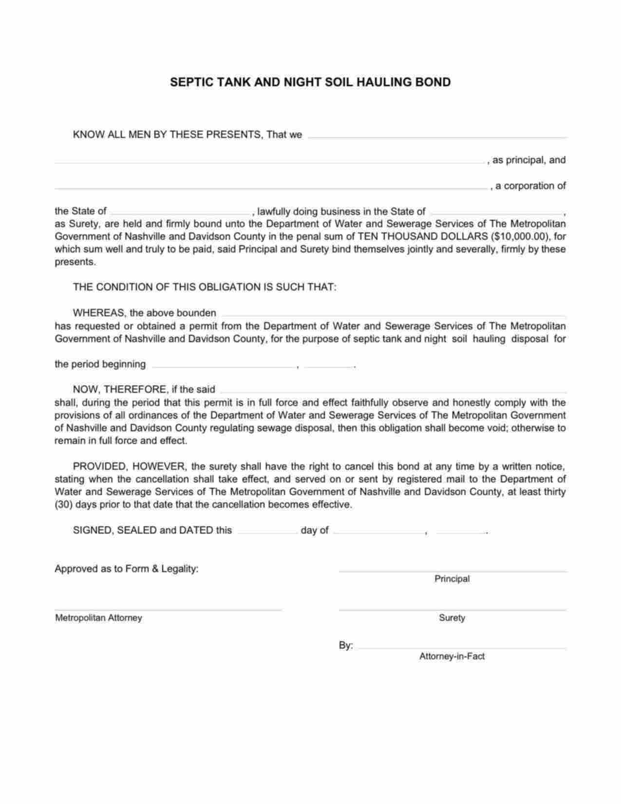 Tennessee Septic Tank and Night Soil Hauling Bond Form