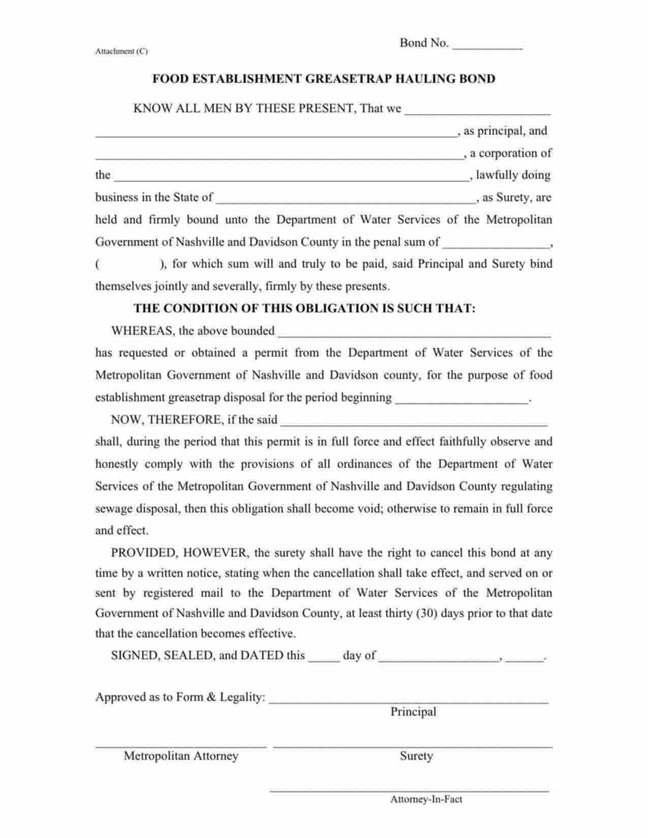 Tennessee Food Establishment Greasetrap Hauling Bond Form