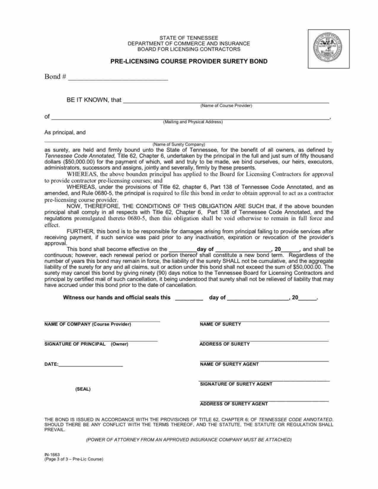 Tennessee Pre-Licensing Course Provider Bond Form