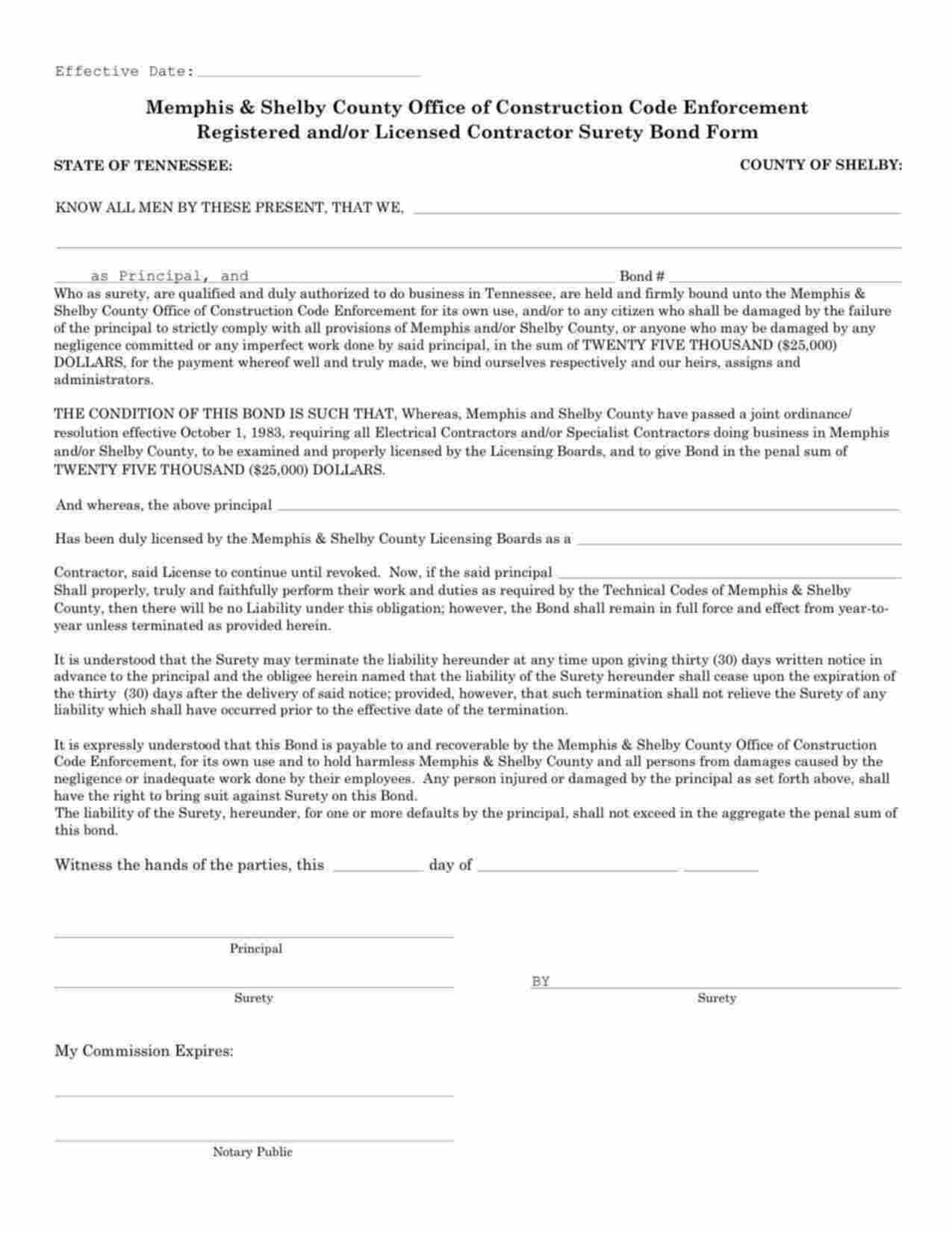 Tennessee Contractor License Bond Form