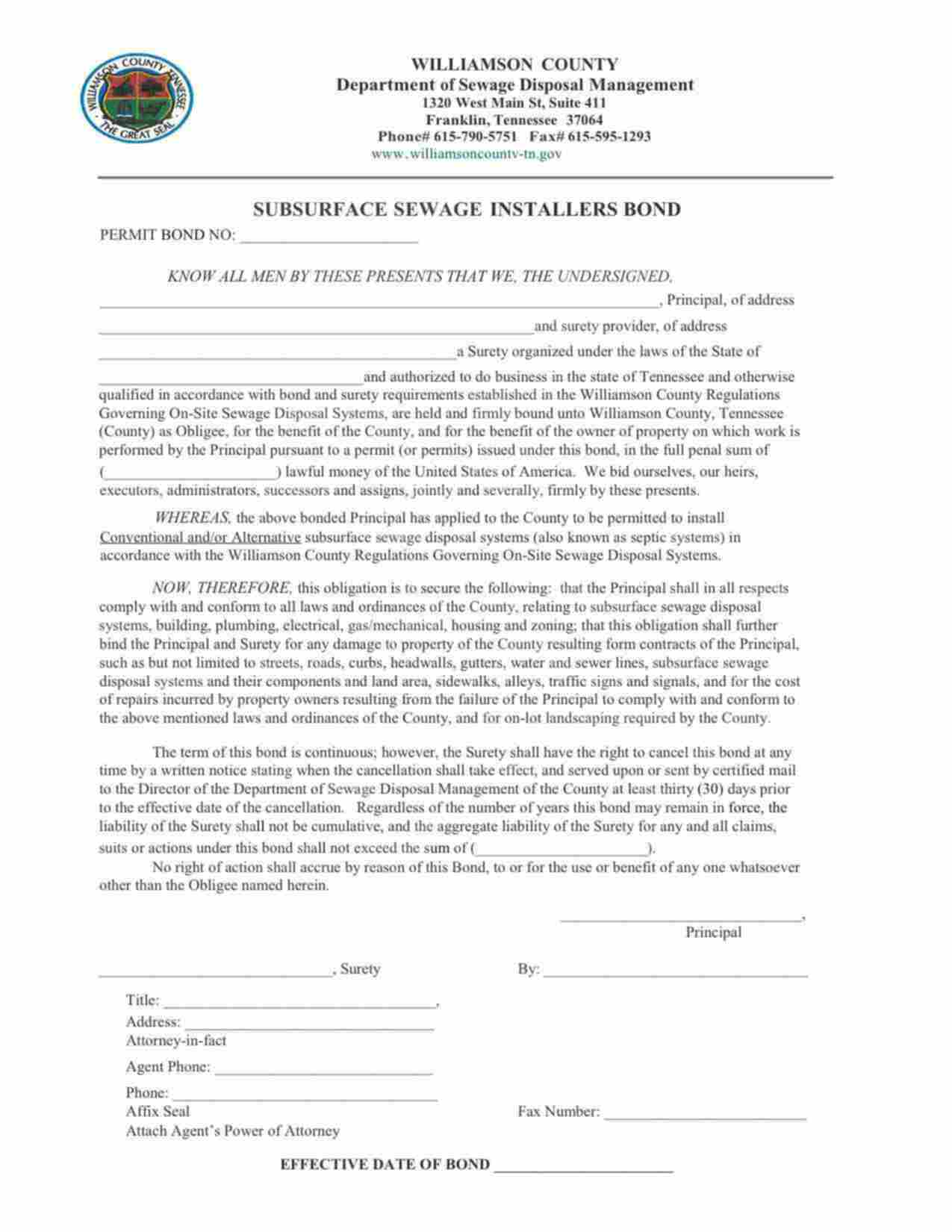 Tennessee Subsurface Sewage Installer Bond Form