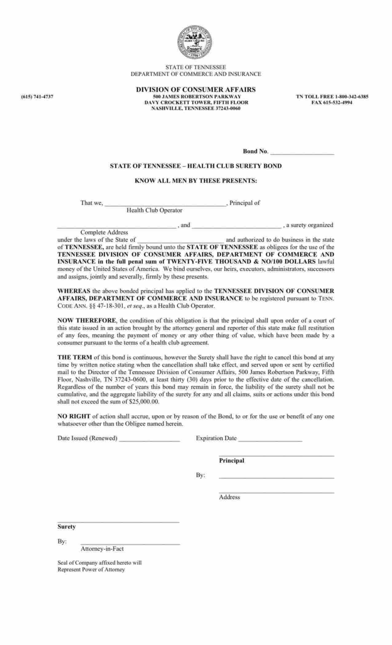 Tennessee Health Club Bond Form