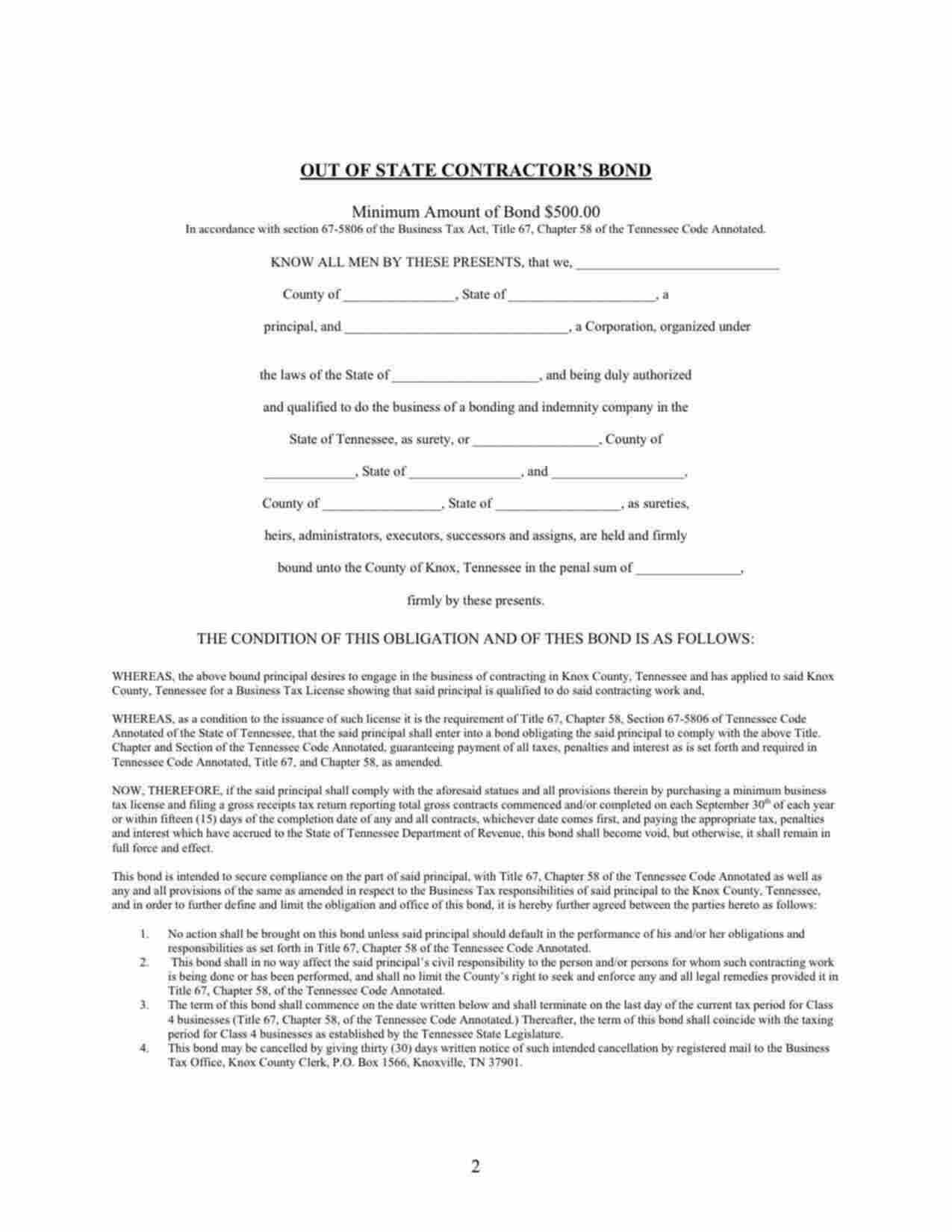 Tennessee Out of State Contractor Bond Form