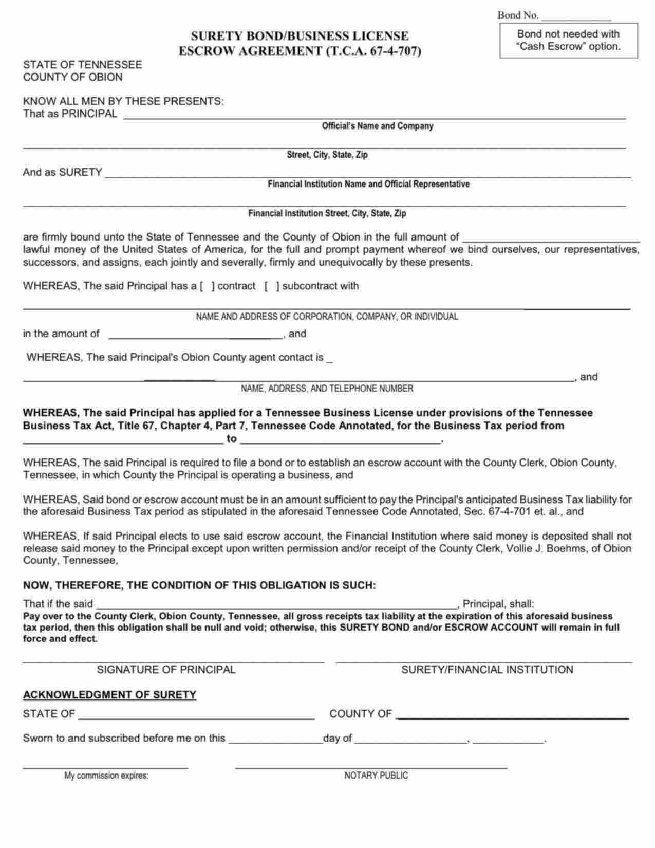 Tennessee Business License Escrow Agreement Bond Form