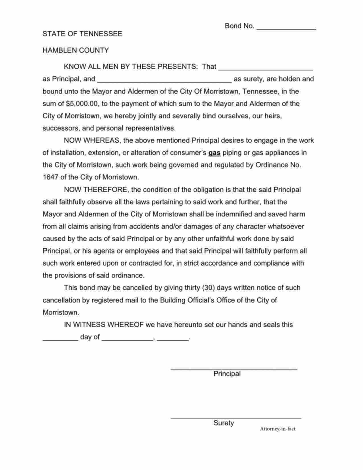 Tennessee Gas Contractor Bond Form