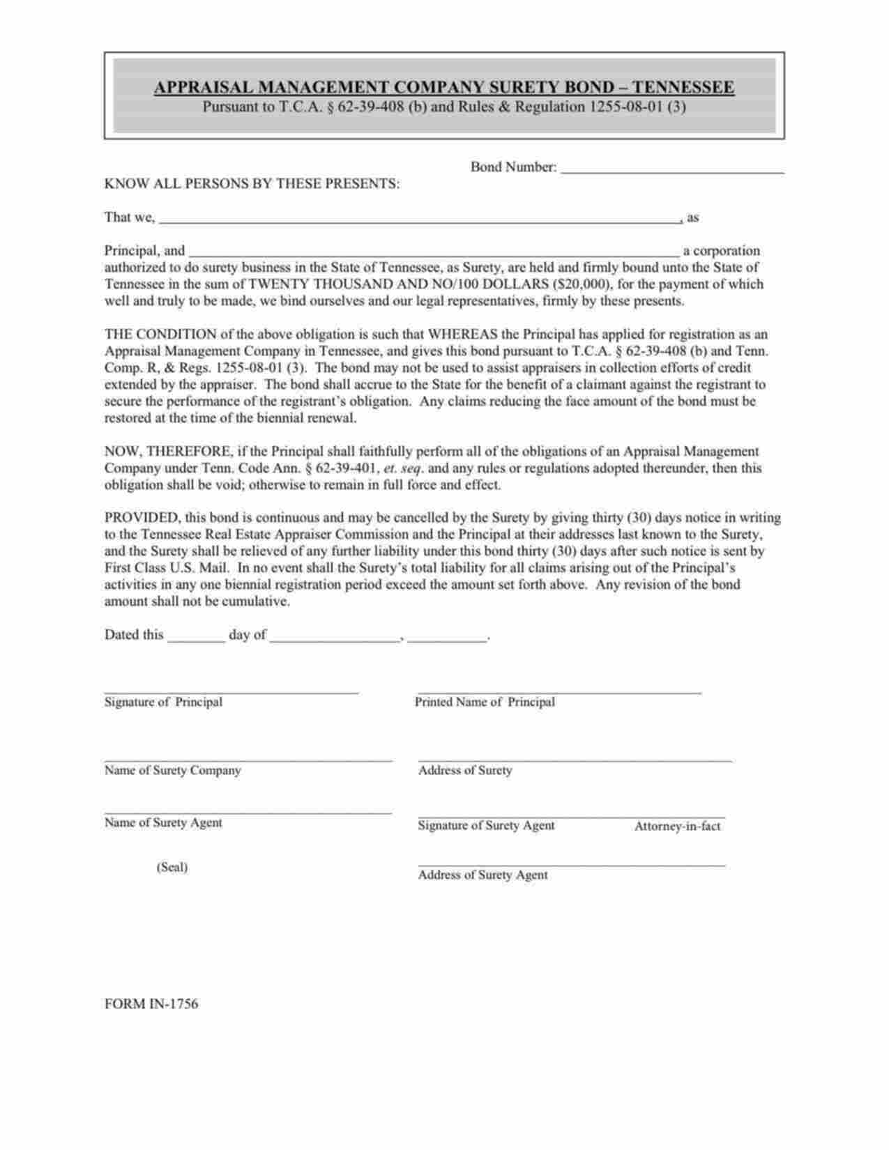 Tennessee Appraisal Management Company Bond Form