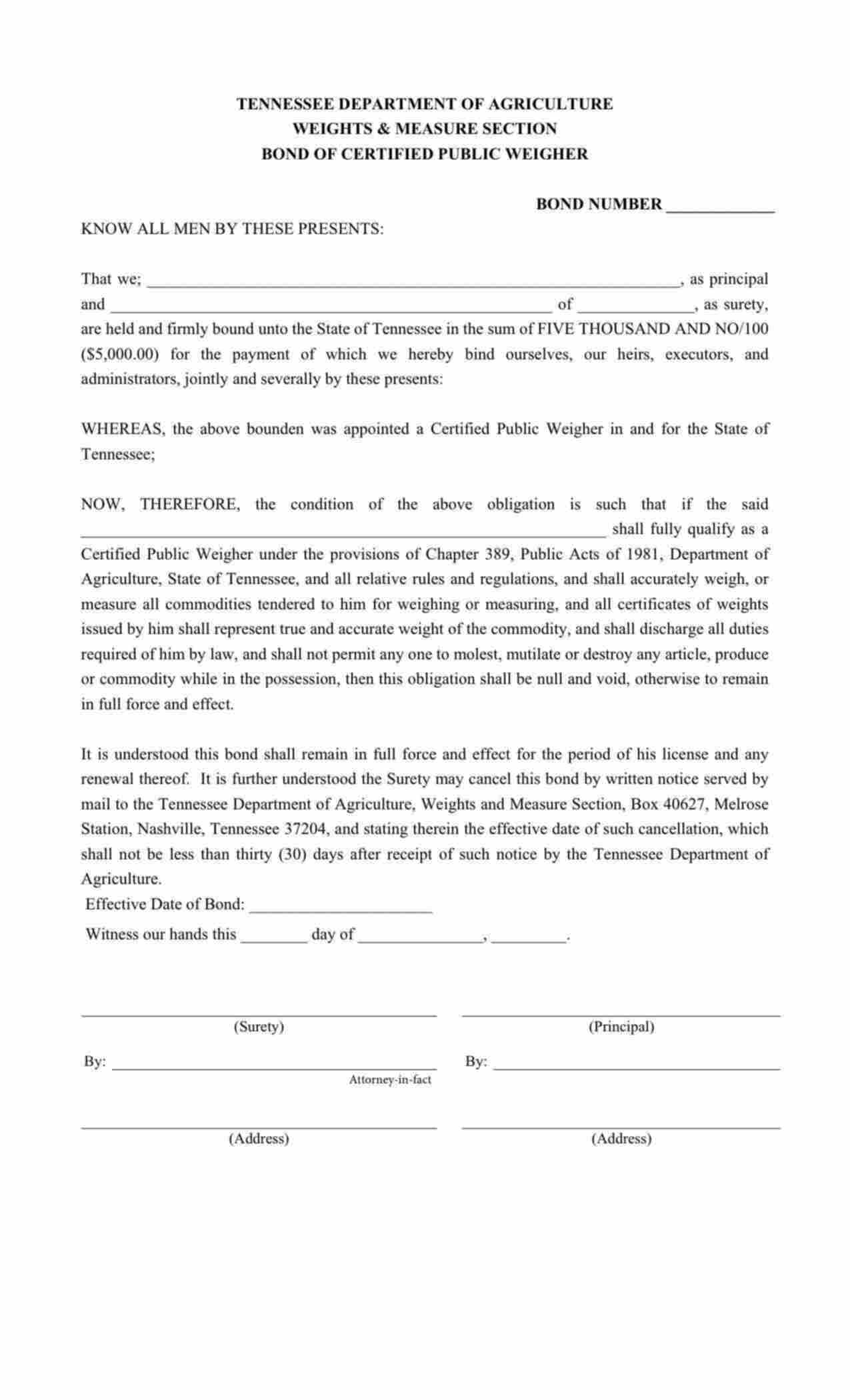 Tennessee Certified Public Weigher Bond Form