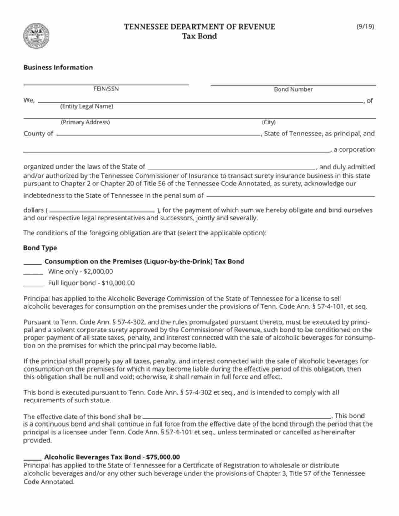 Tennessee Consumption on the Premises - Wine Only Bond Form