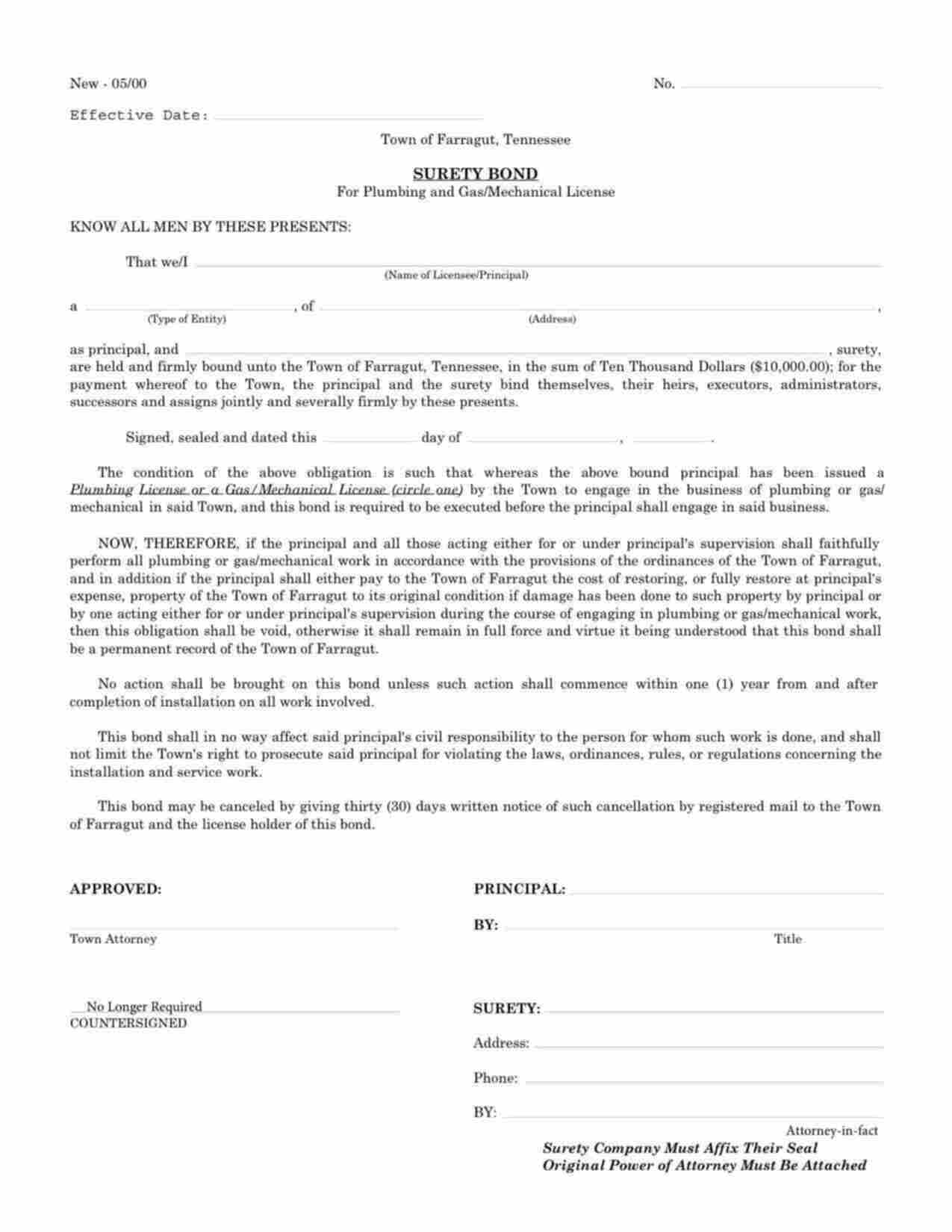 Tennessee Gas/Mechanical License Bond Form