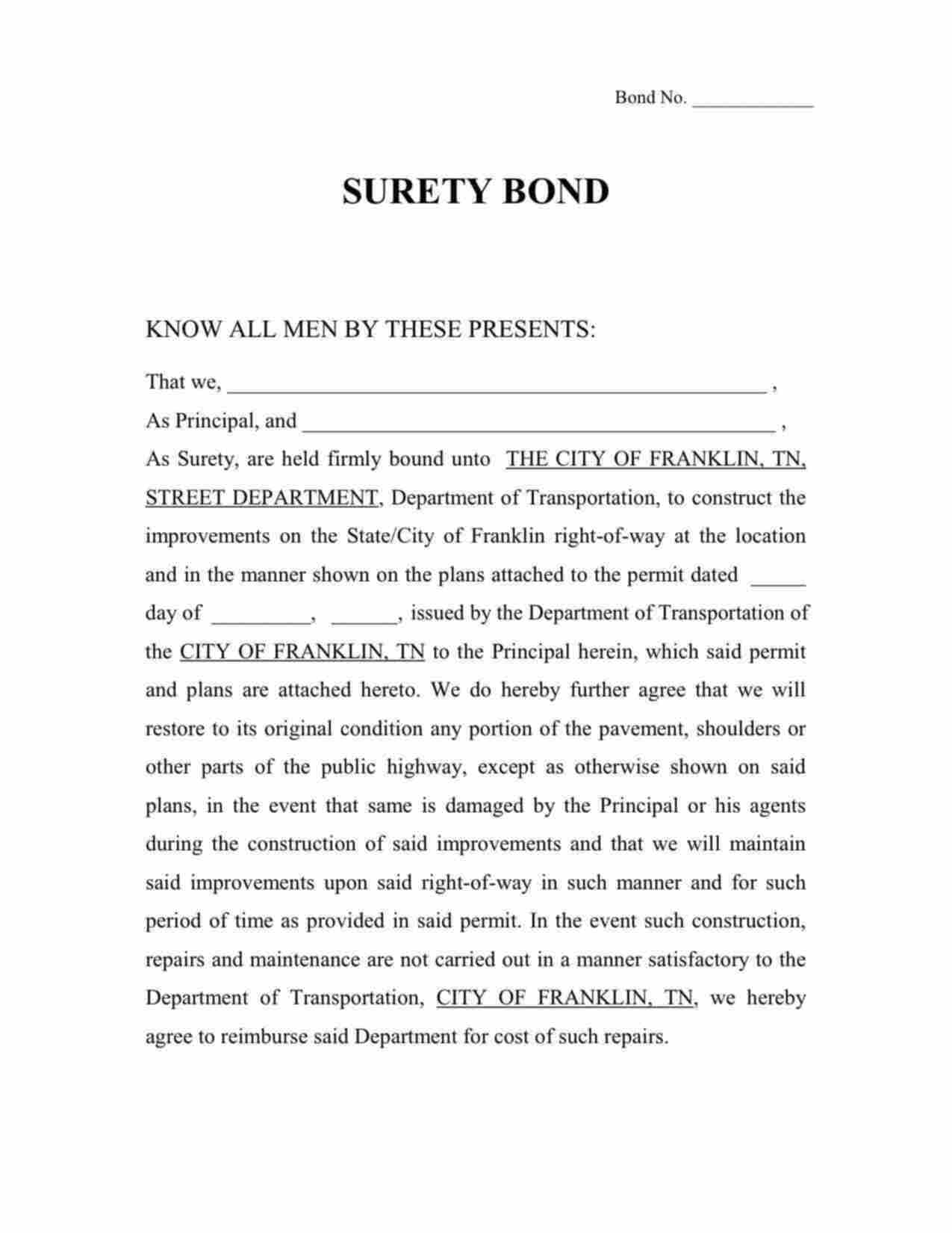 Tennessee Right-of-Way Permit Bond Form