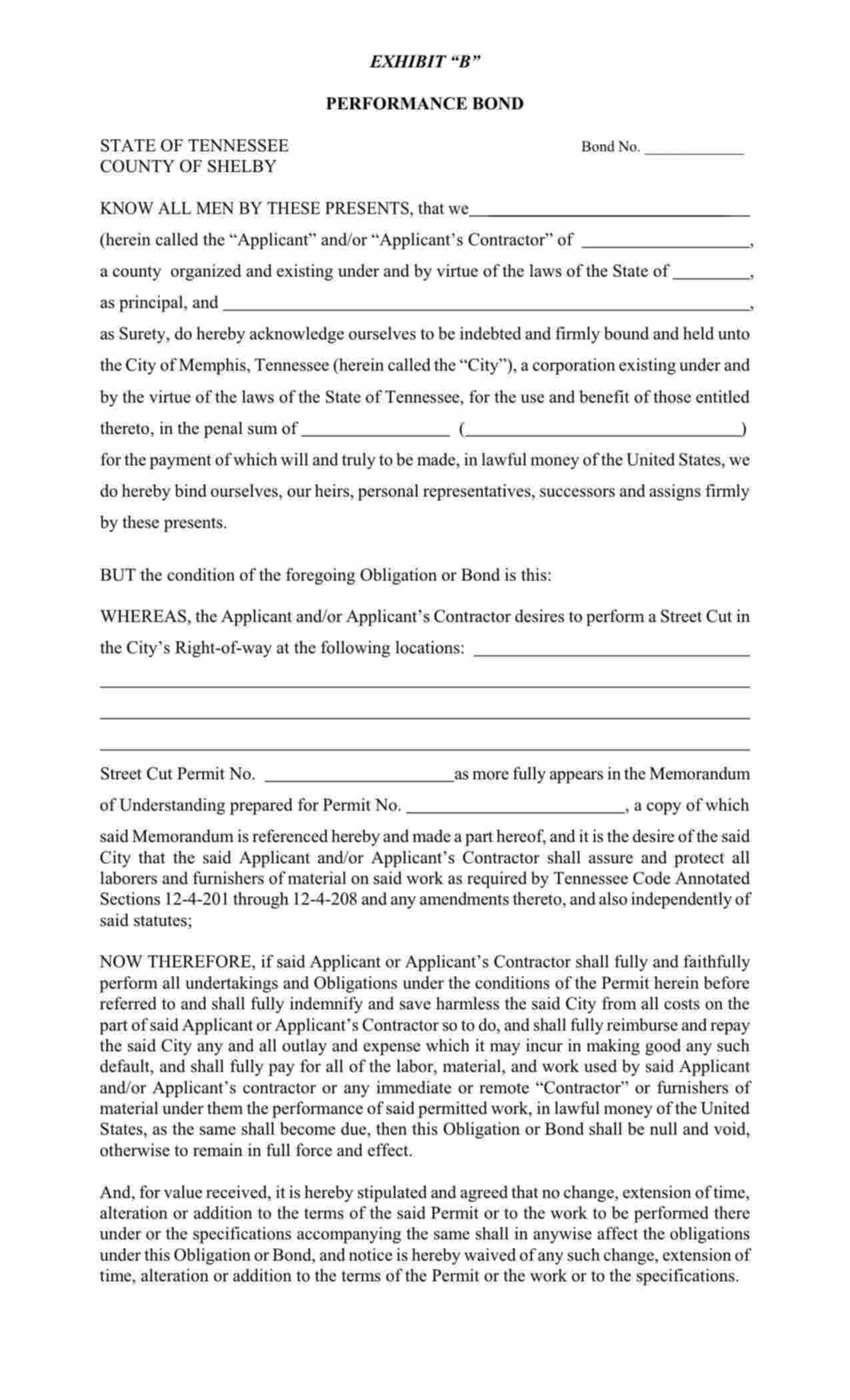 Tennessee Street Cut Permit Performance Bond Form