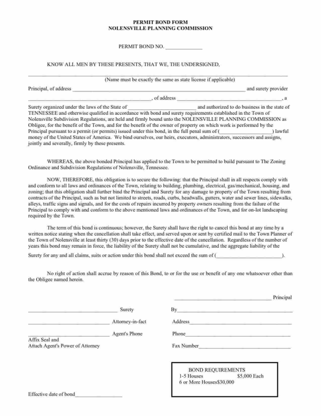 Tennessee Permit Bond Form