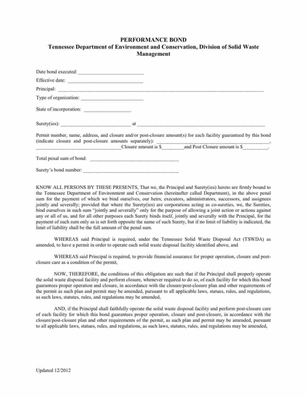 Tennessee Closure and/or Post-Closure Performance Bond Form