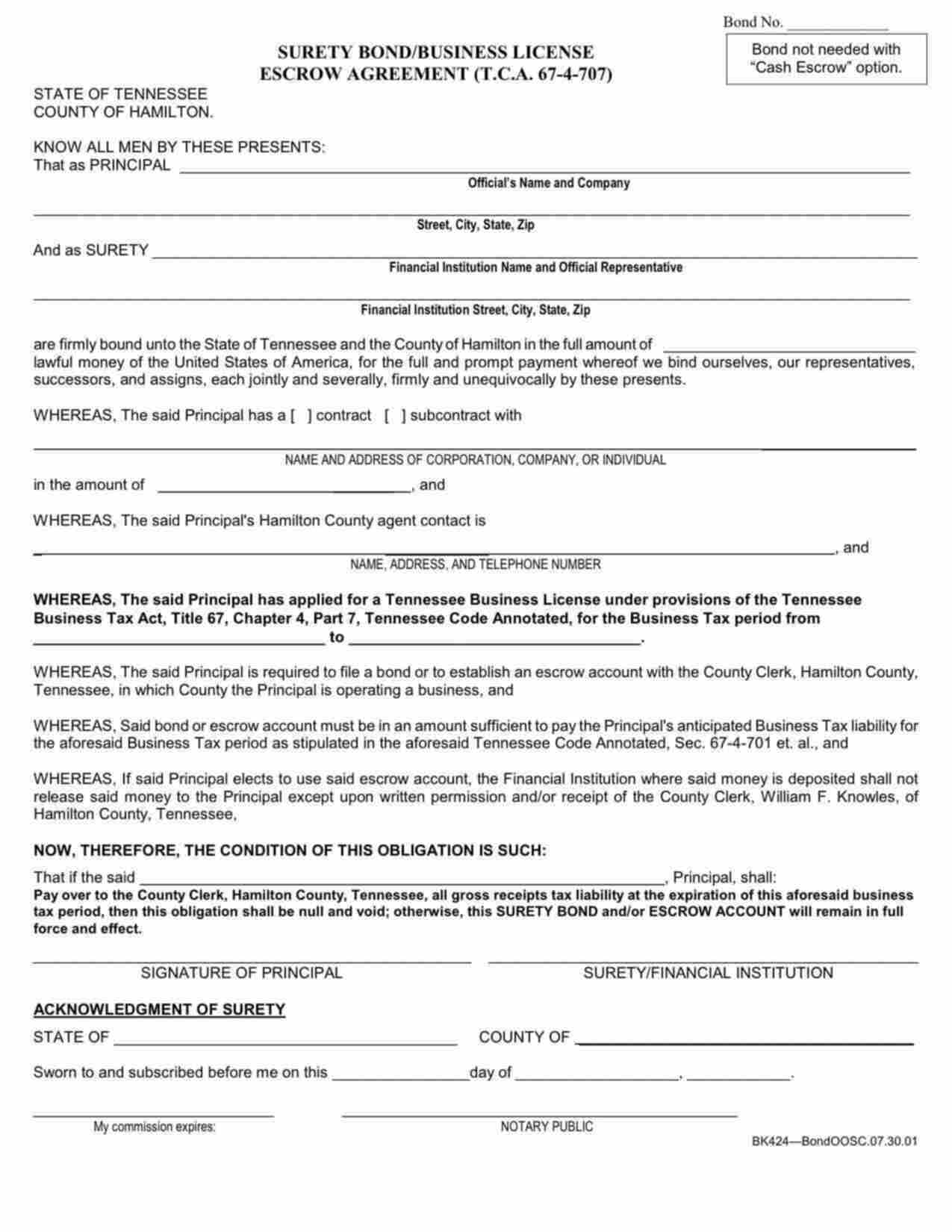 Tennessee Out of State Contractor Business License Escrow Agreement Bond Form