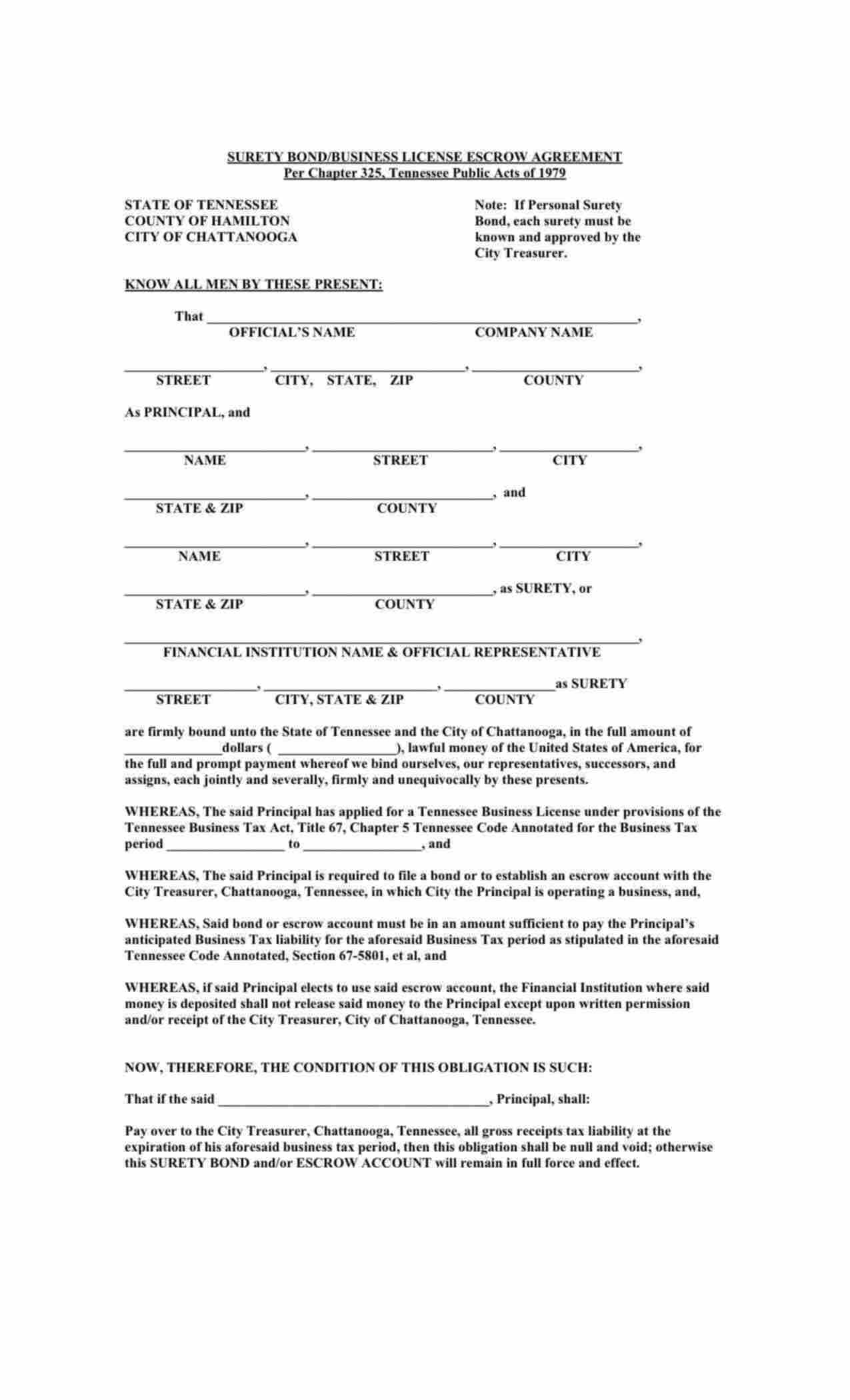 Tennessee Out of State Contractor Business License Escrow Agreement Bond Form