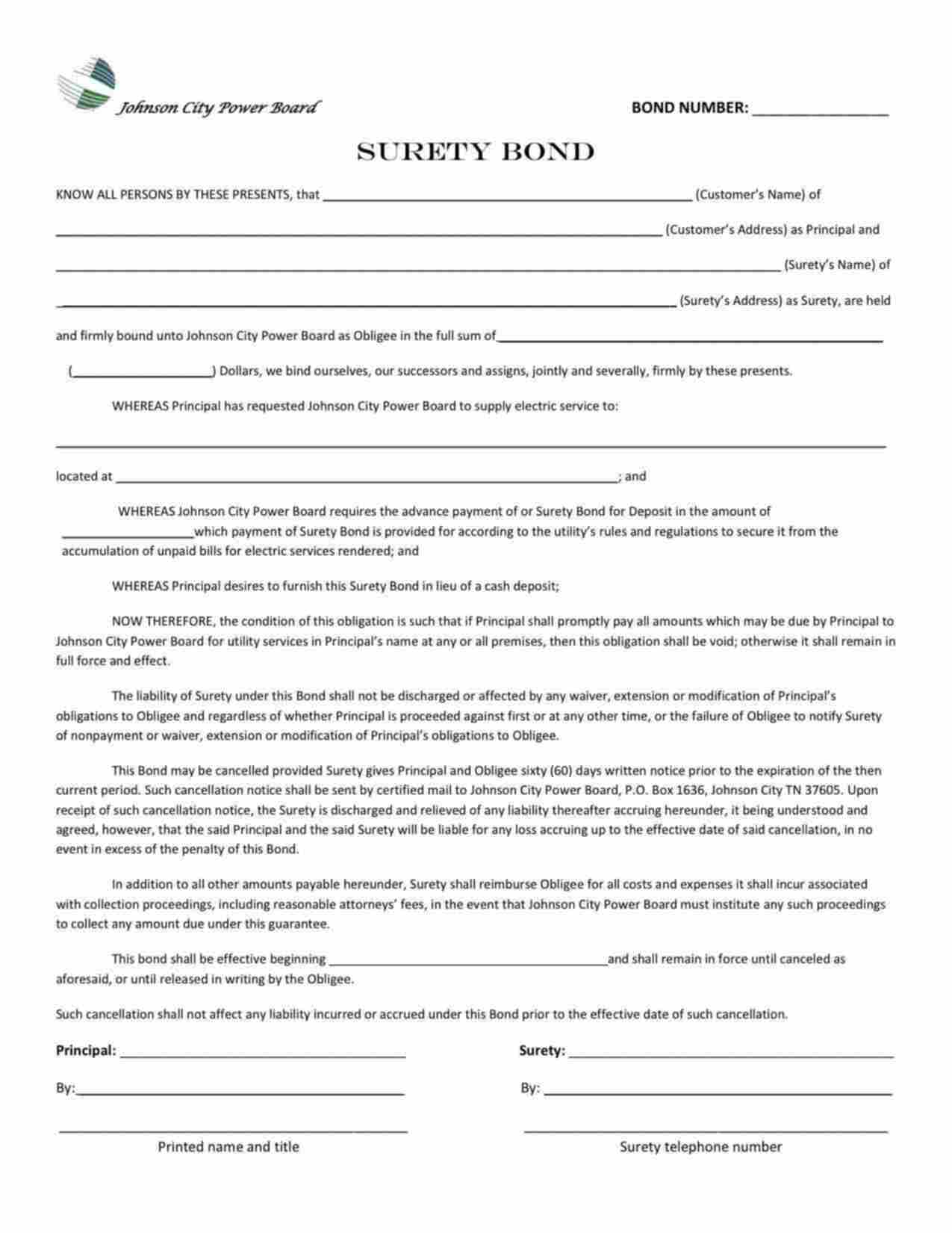 Tennessee Utility Deposit Bond Form