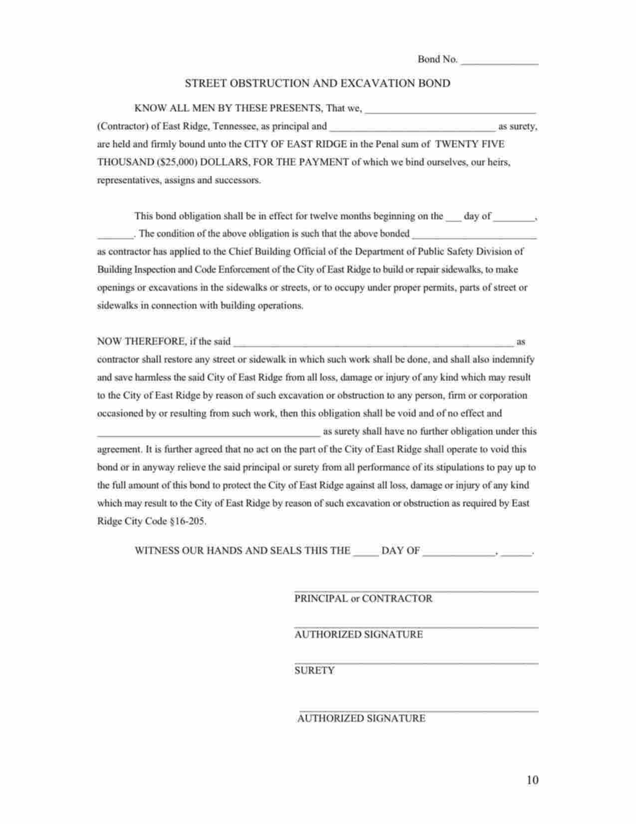 Tennessee Street Obstruction and Excavation Bond Form