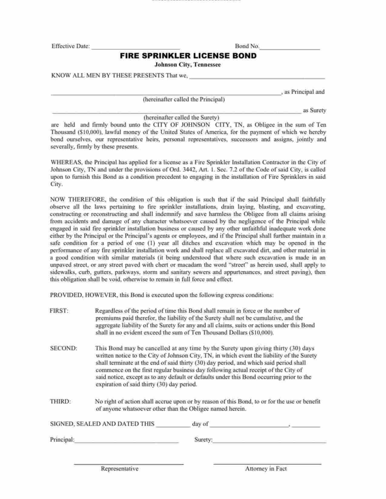 Tennessee Fire Sprinkler License Bond Form