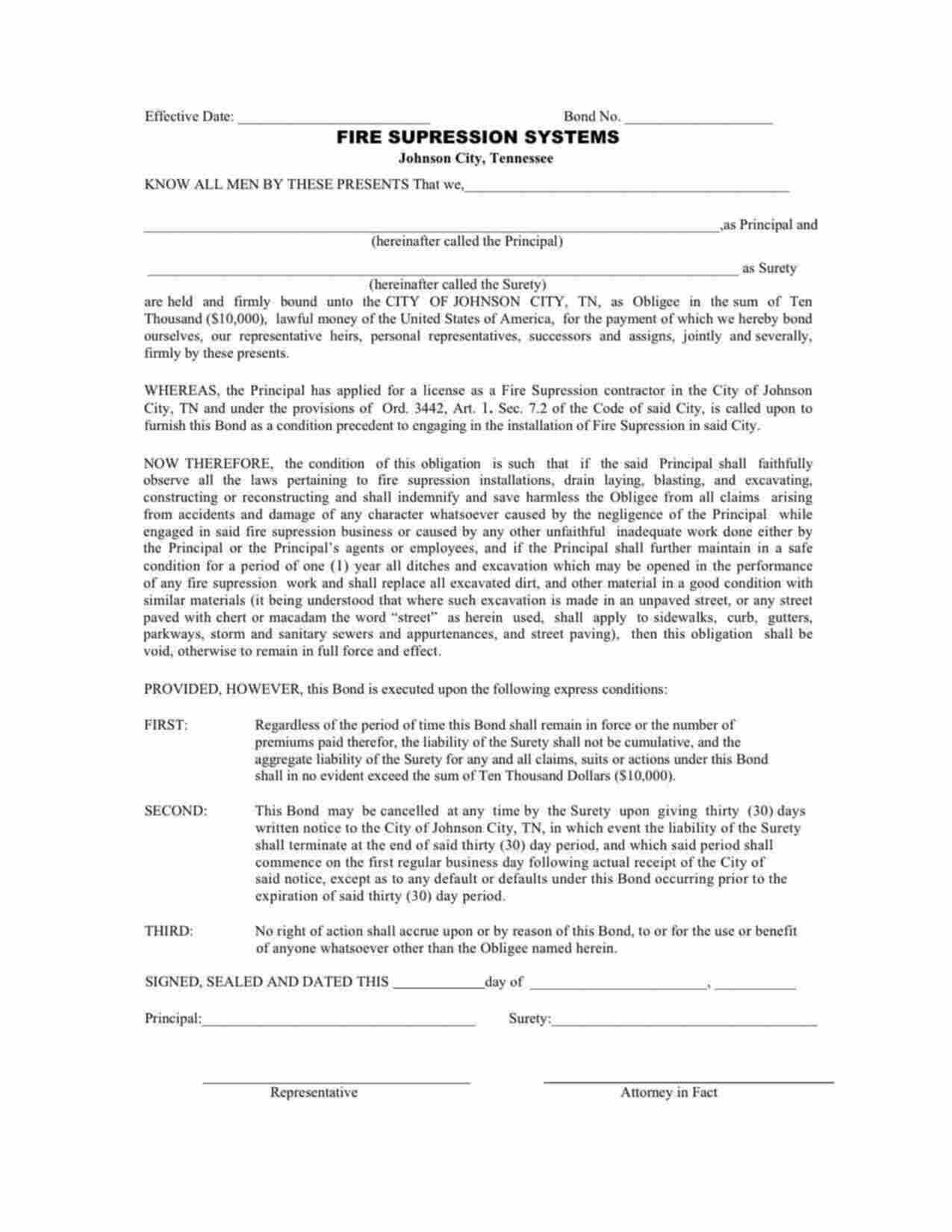 Tennessee Fire Suppression Systems Bond Form