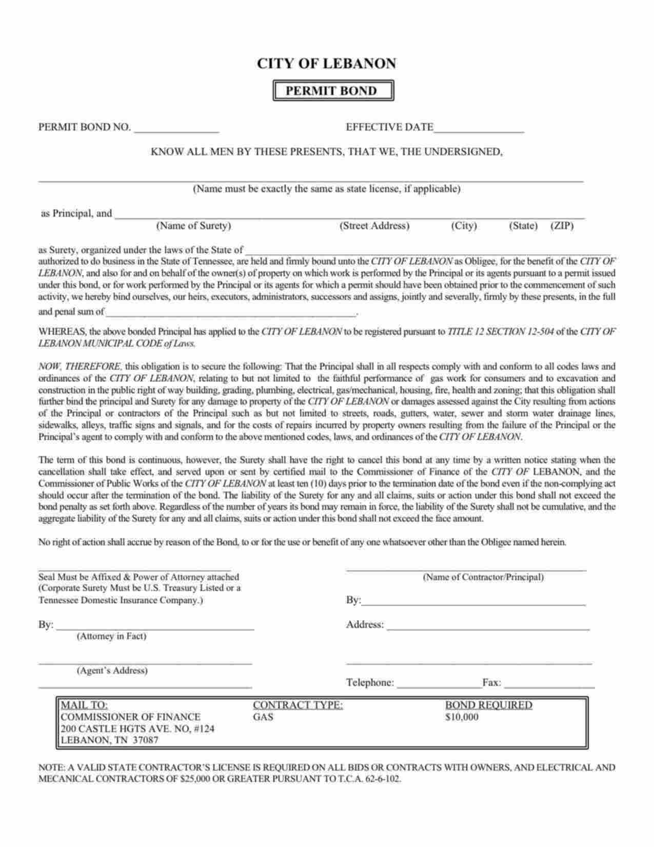 Tennessee Permit Bond Form