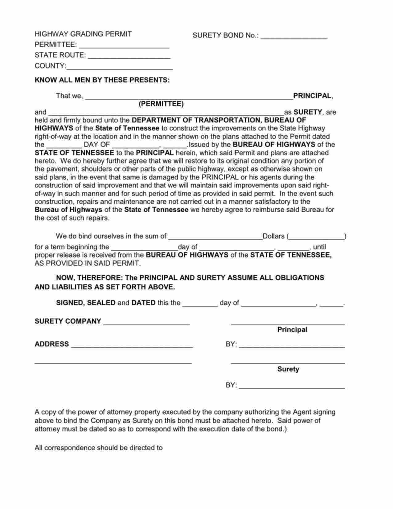 Tennessee Highway Grading Permit Bond Form