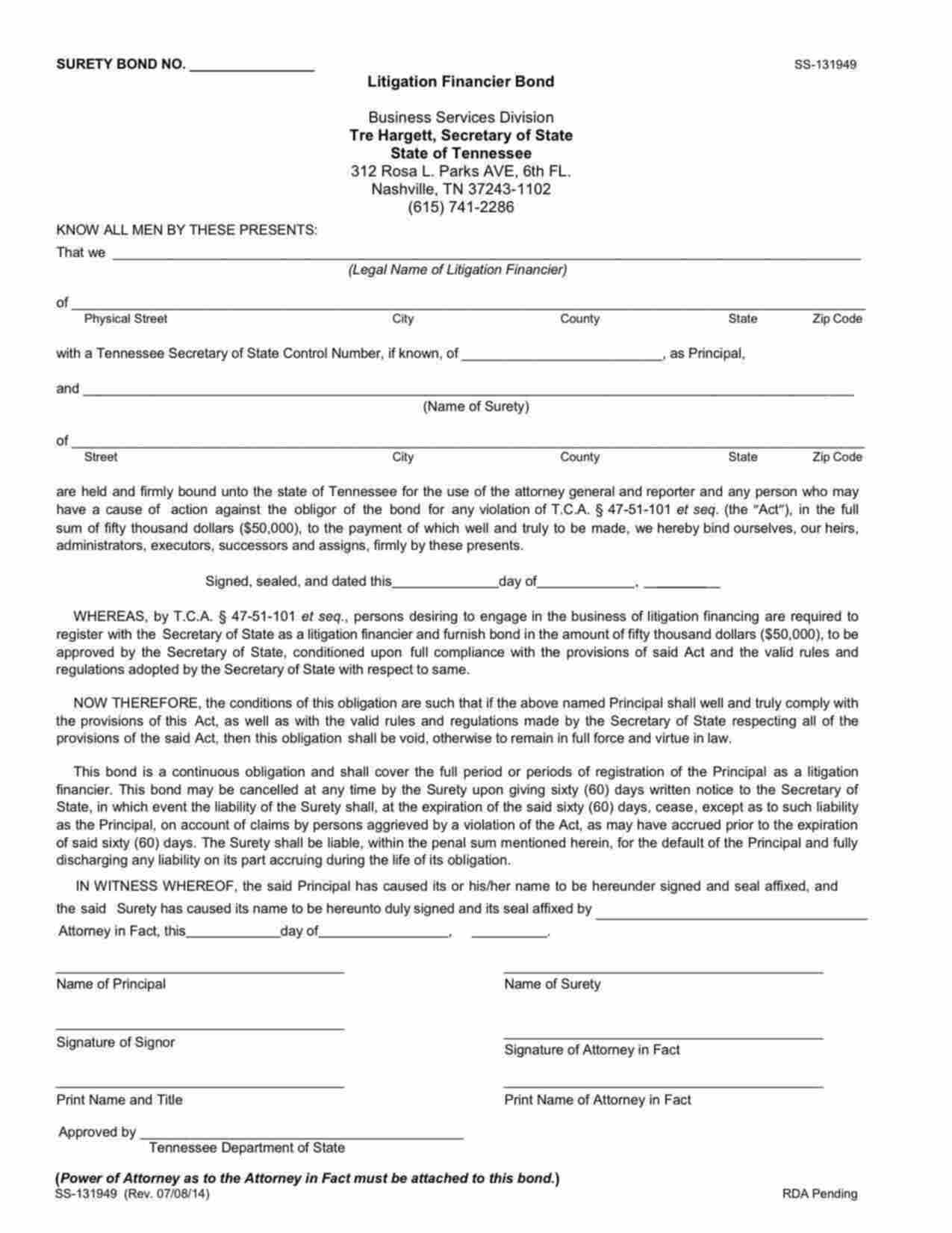 Tennessee Litigation Financier Bond Form