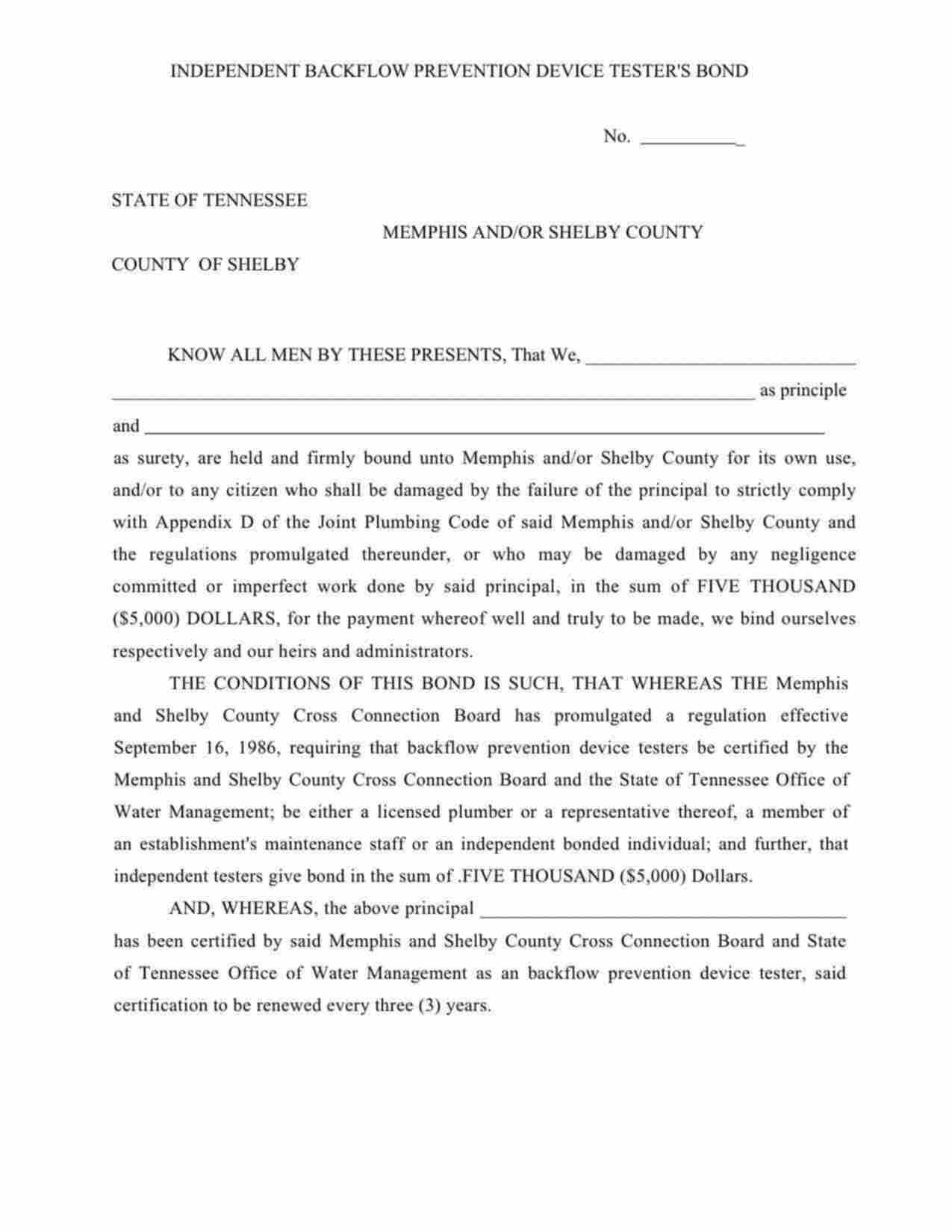 Tennessee Independent Backflow Prevention Device Tester Bond Form