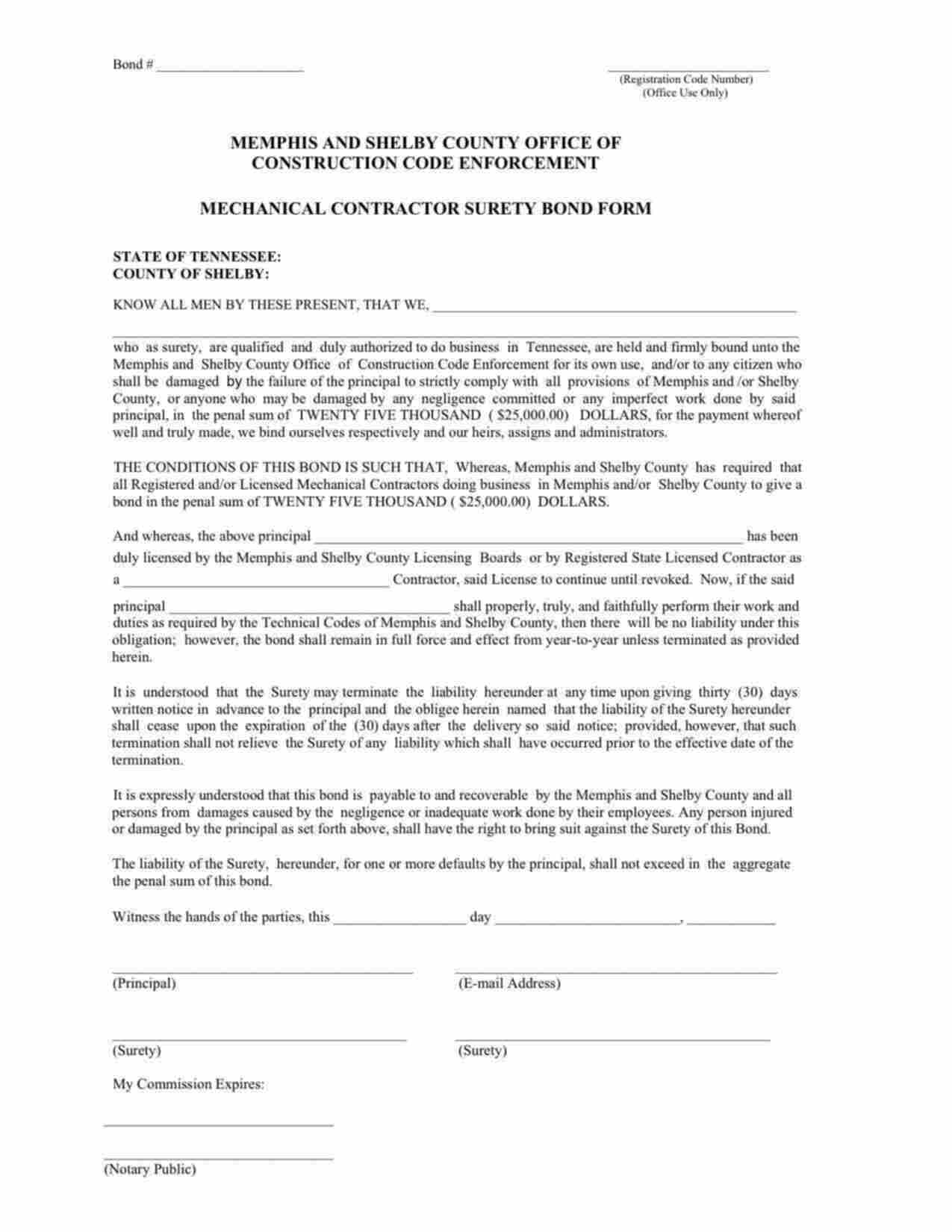 Tennessee Mechanical Contractor Bond Form