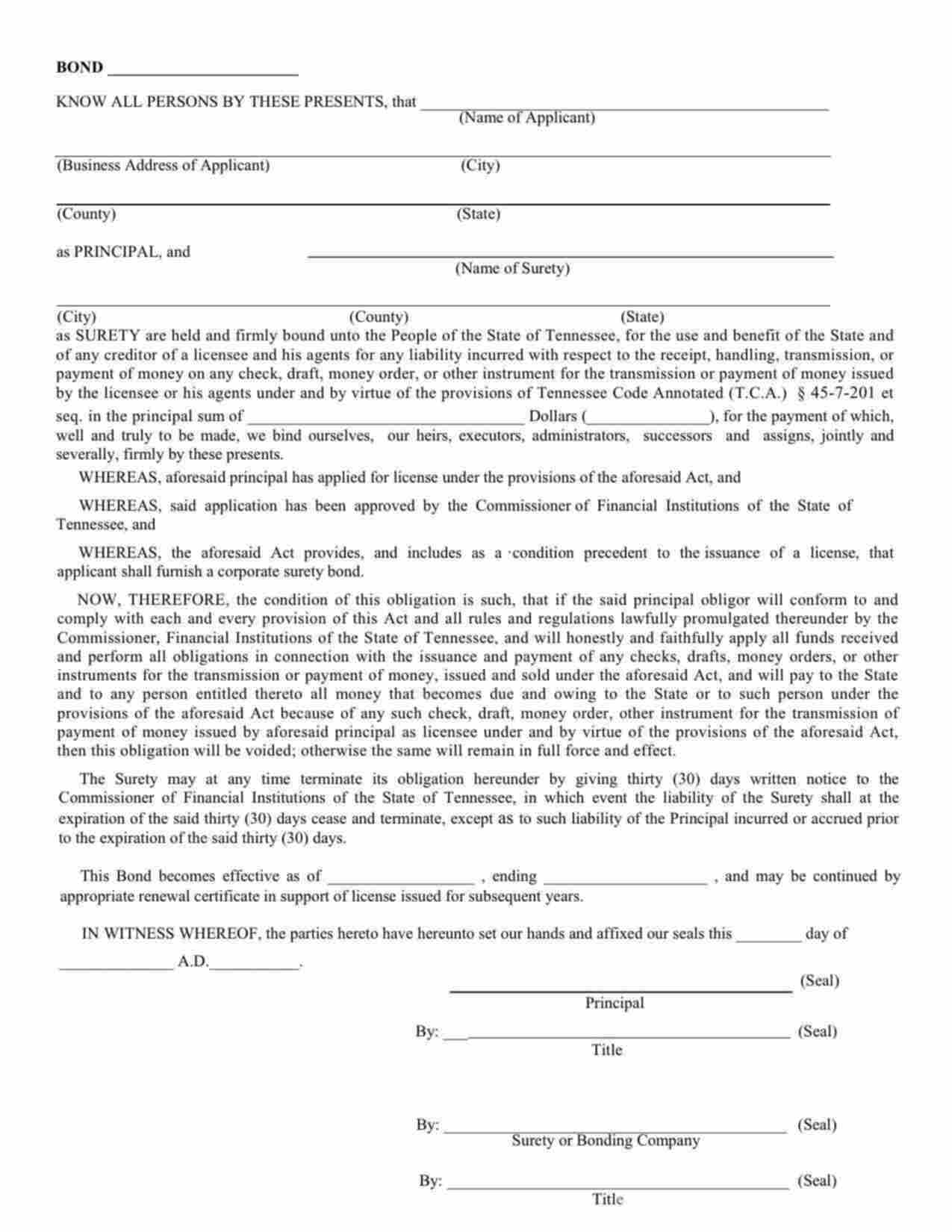 Tennessee Money Transmitter License Bond Form