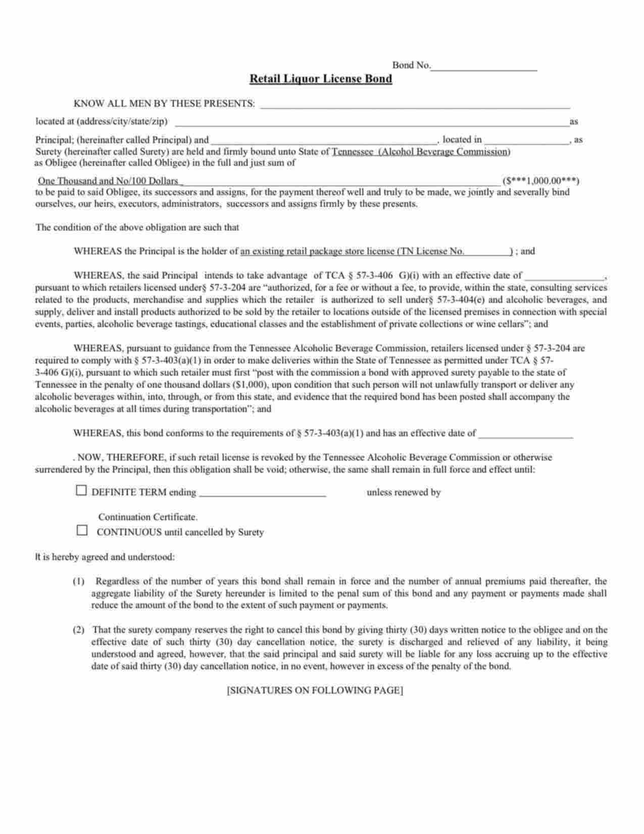 Tennessee Retail Liquor License Bond Form