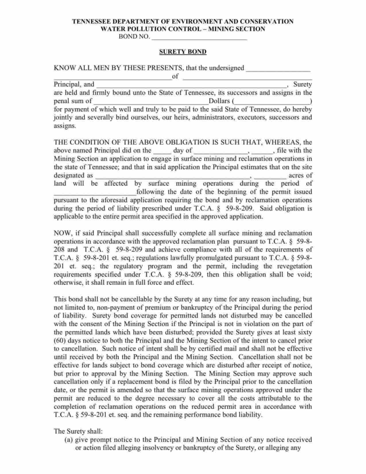 Tennessee Surface Mining and Reclamation Operations Bond Form