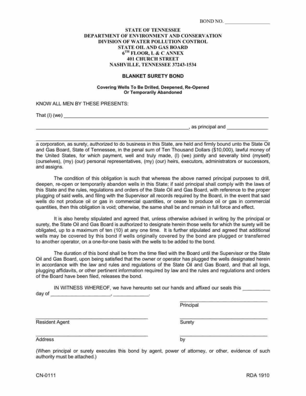 Tennessee Wells to be Drilled, Deepened, Re-Opened or Temporarily Abondoned Bond Form