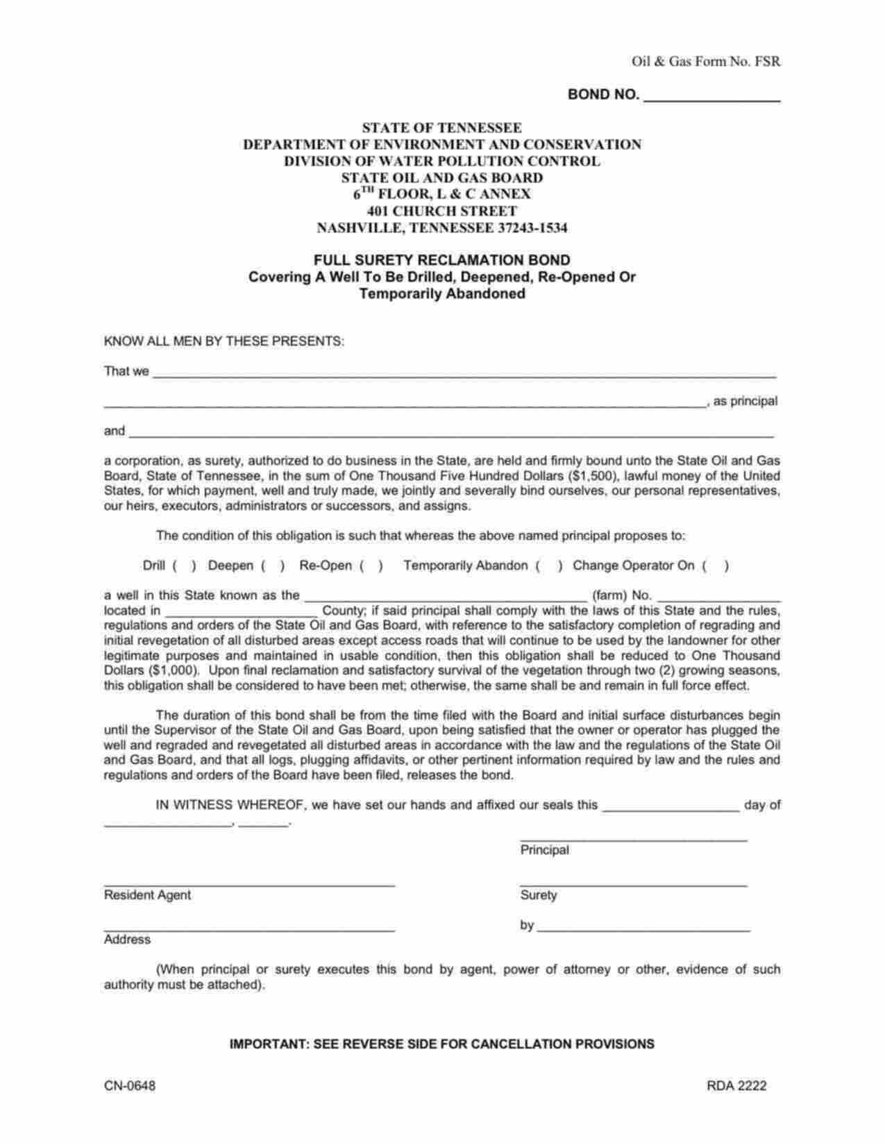 Tennessee Well Reclamation Bond Form