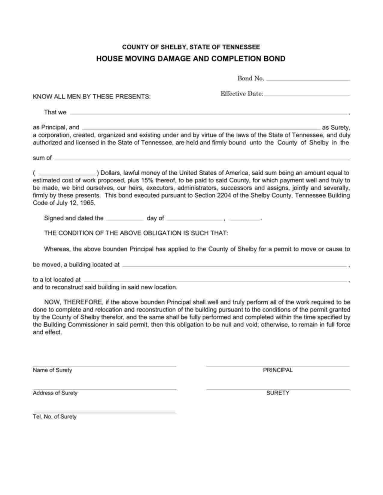 Tennessee House Moving Damage and Completion Bond Form