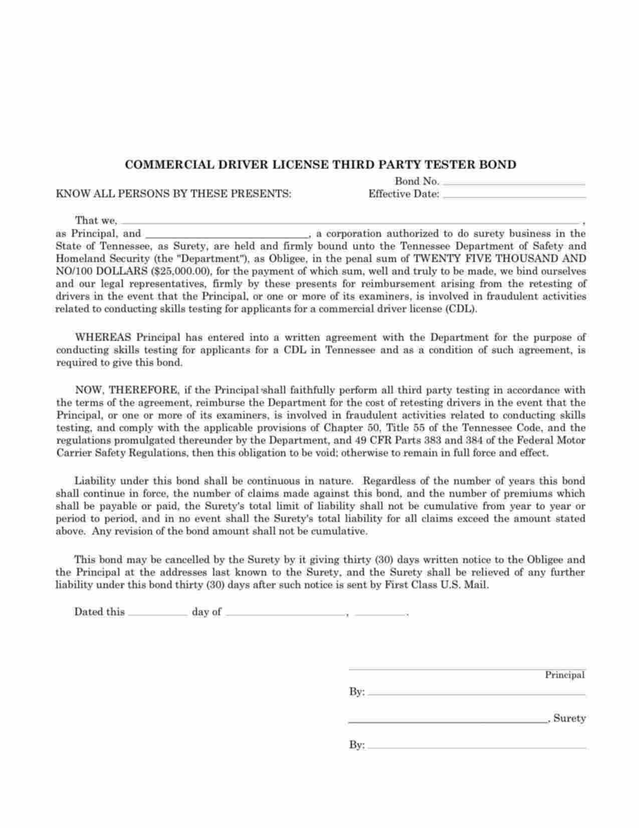 Tennessee Commercial Driver License (CDL) Third Party Tester Bond Form