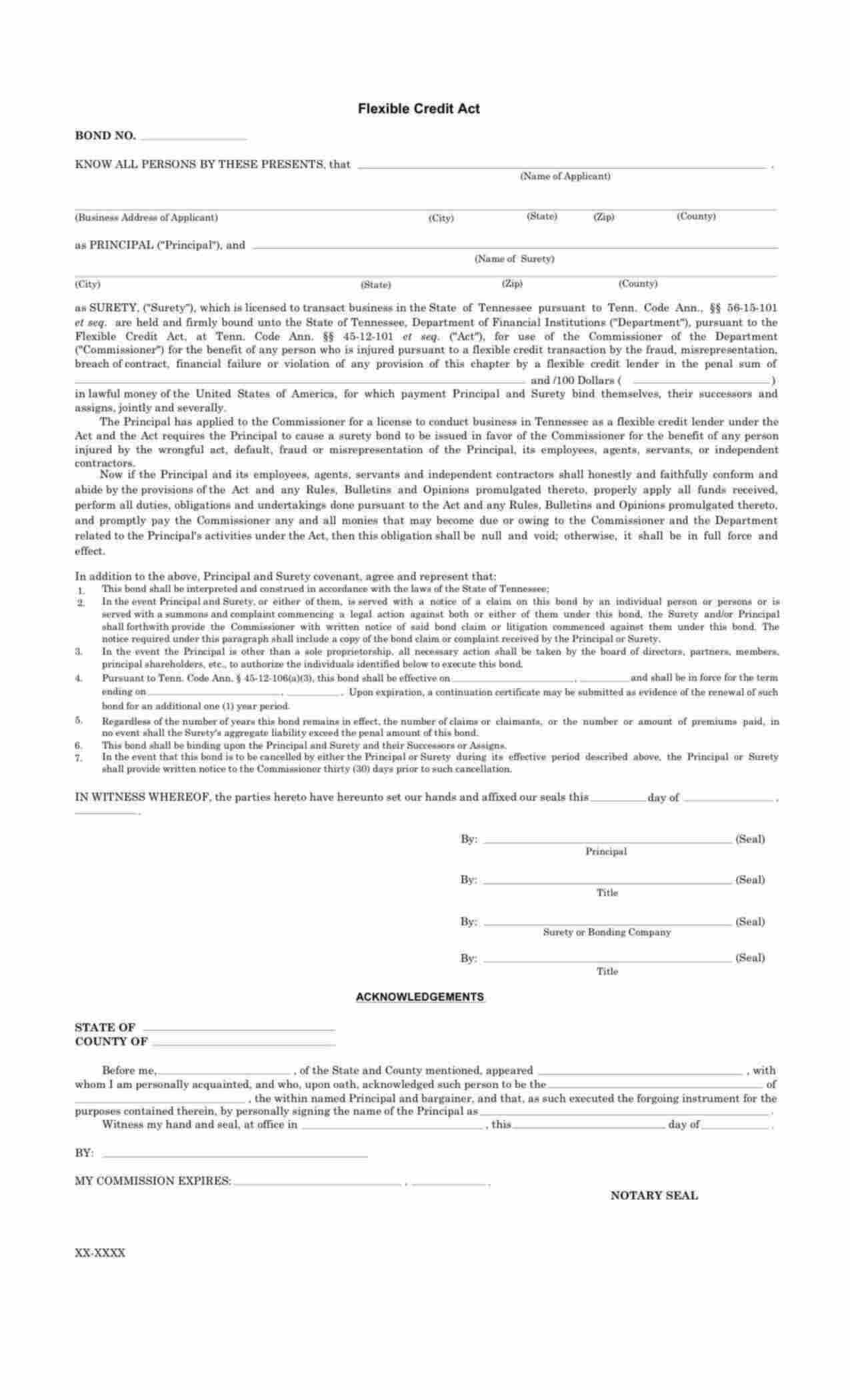 Tennessee Flexible Credit License Bond Form