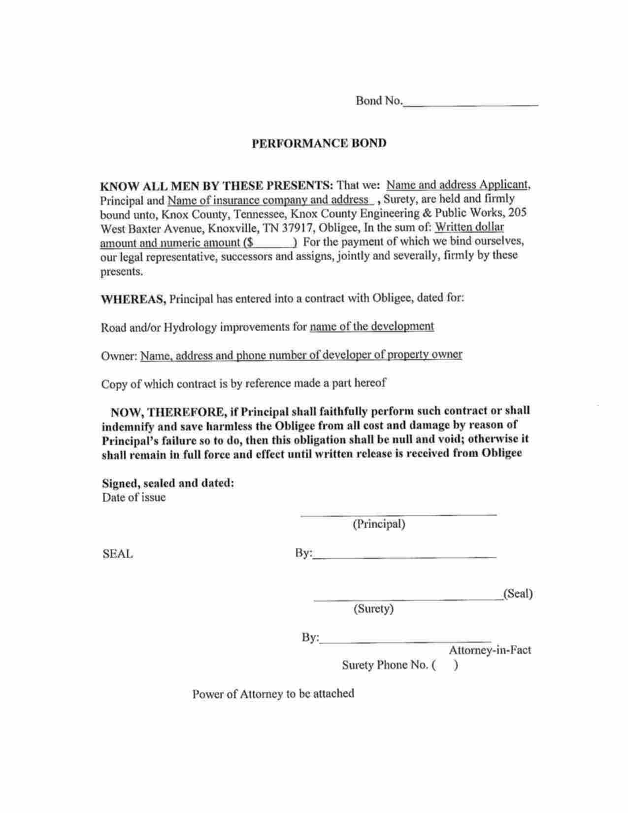 Tennessee Road and/or Hydrology Improvements Performance Bond Form