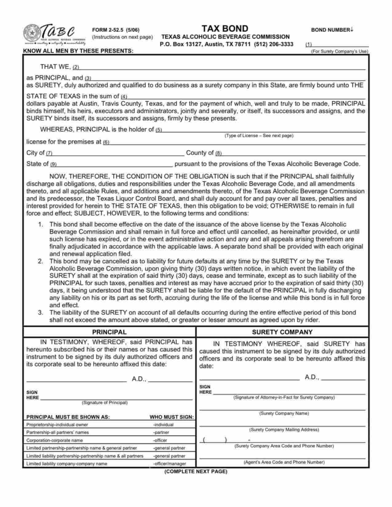 Texas Tax: Brewpub License Bond Form